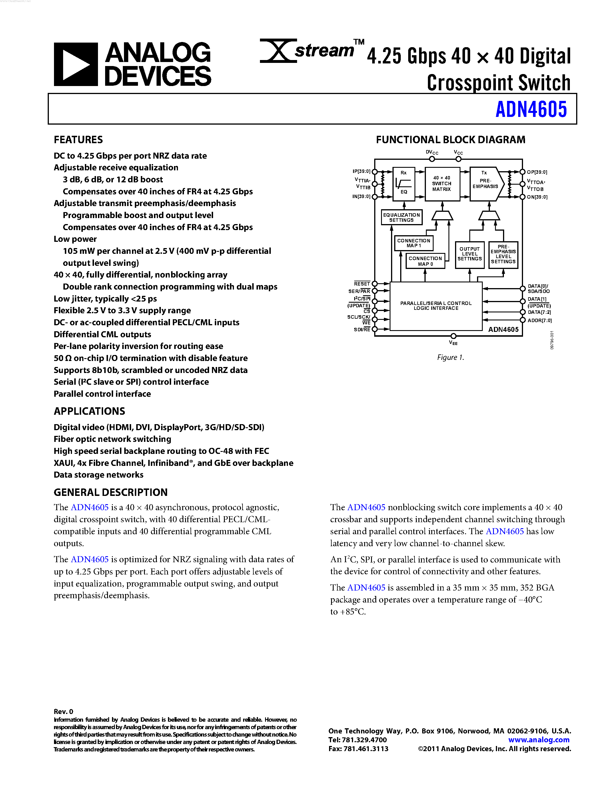 Datasheet ADN4605 - 4.25 Gbps 40 X 40 Digital Crosspoint Switch page 1