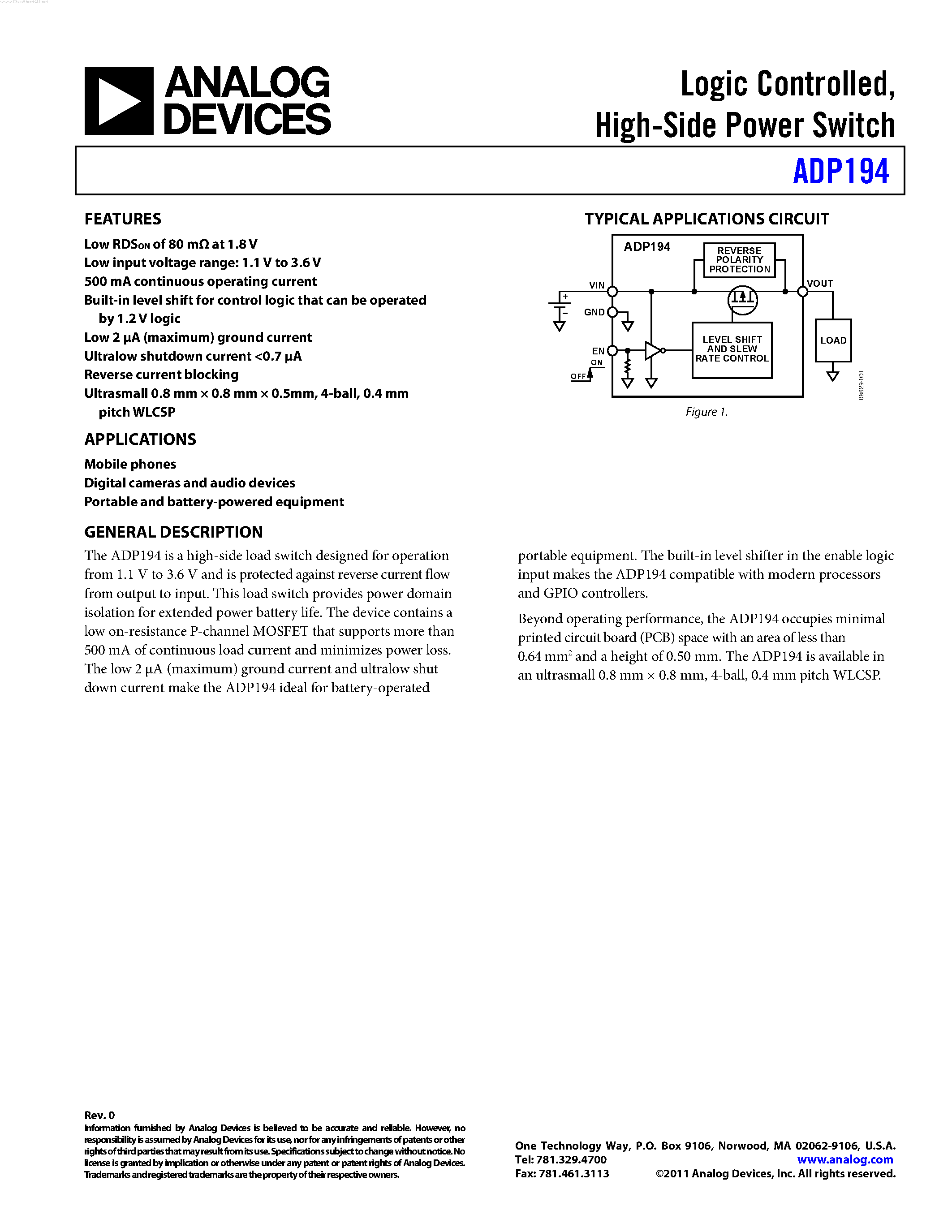 Datasheet ADP194 - High-Side Power Switch page 1
