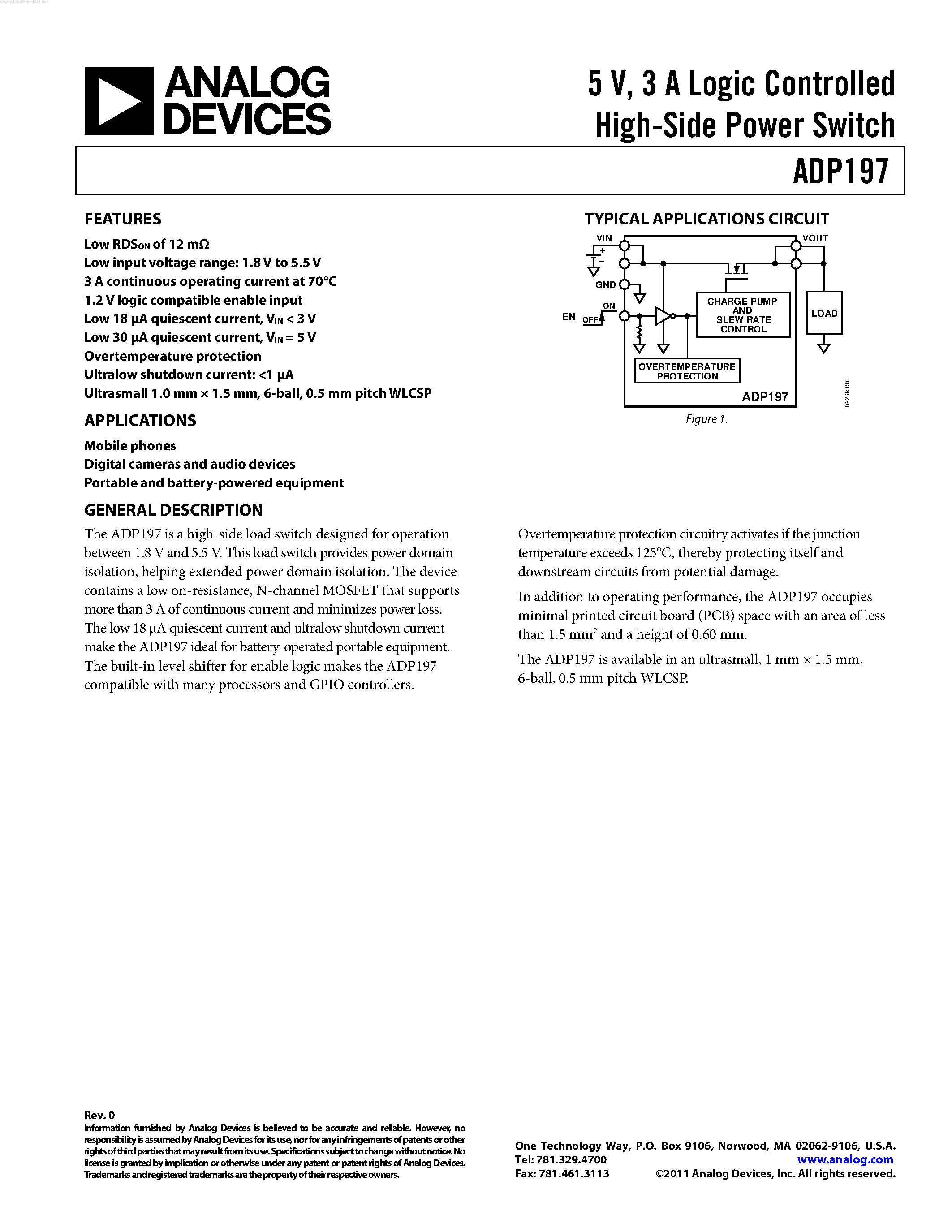 Datasheet ADP197 - 3A Logic Controlled High-Side Power Switch Mobile phones page 1