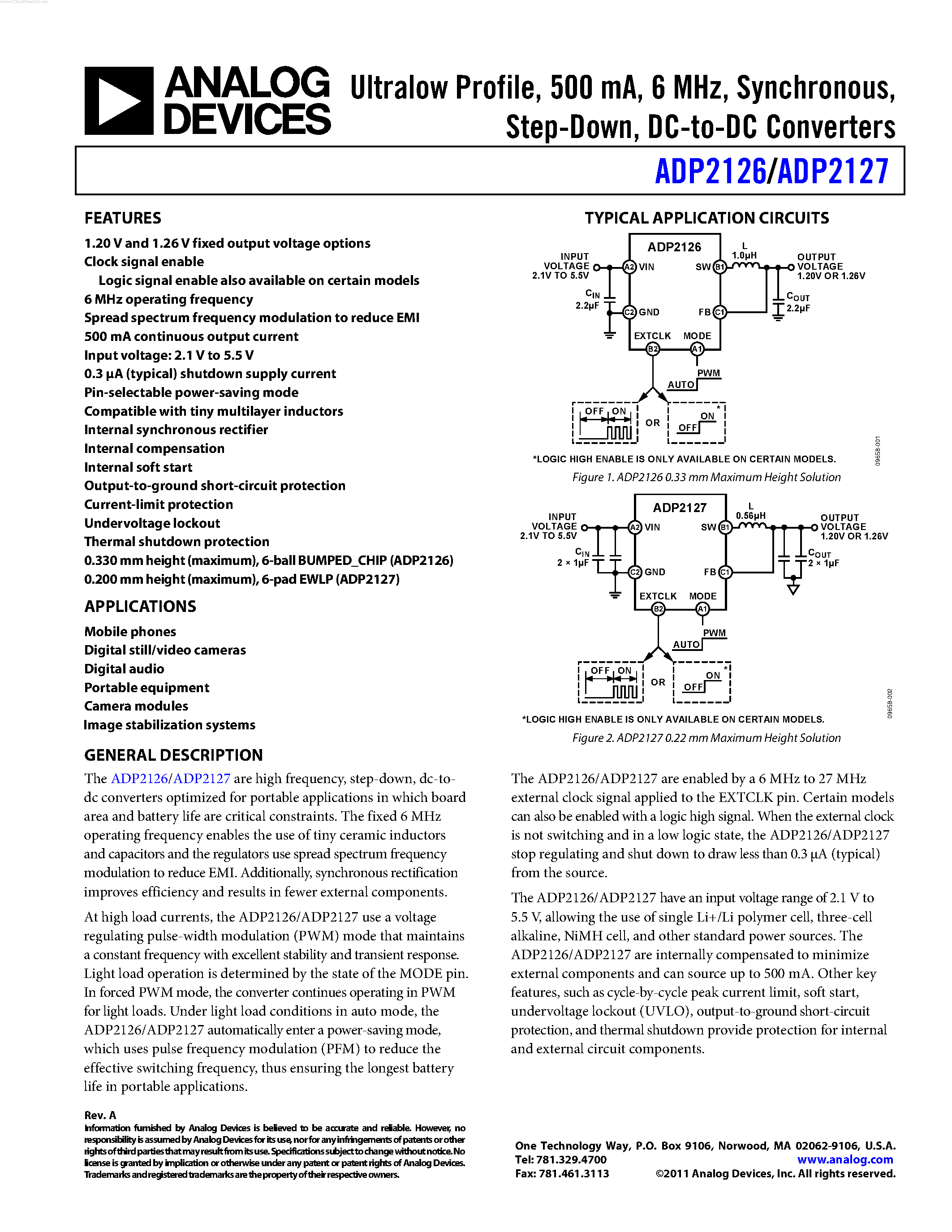 Даташит на микросхему ADP2126 страница 1 Даташит ADP2126 - (ADP2126 / ADP2127) DC-to-DC Converters страница 1