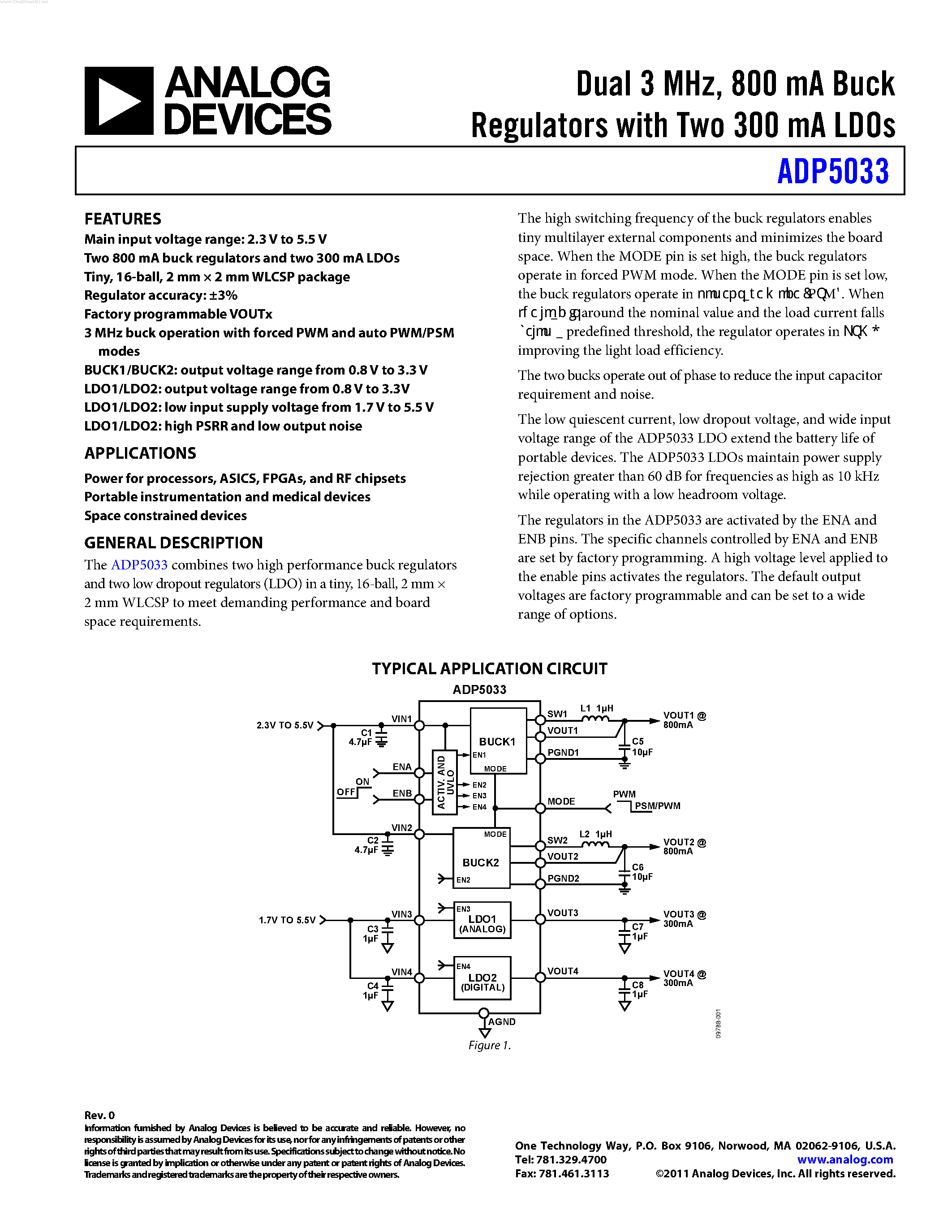 Даташит ADP5033 - 800mA Buck Regulators страница 1
