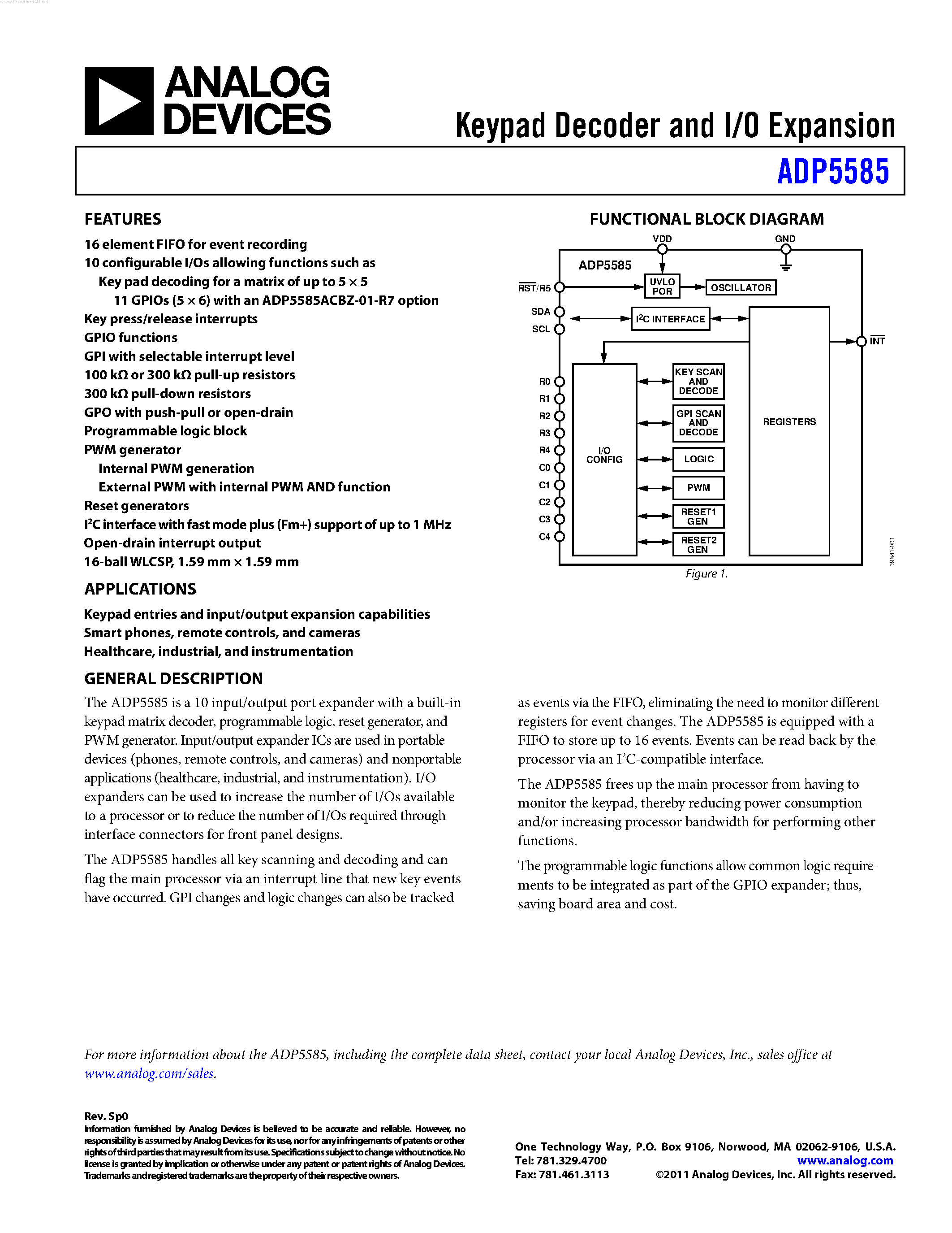 Даташит ADP5585 - Keypad Decoder and I/O Expansion страница 1