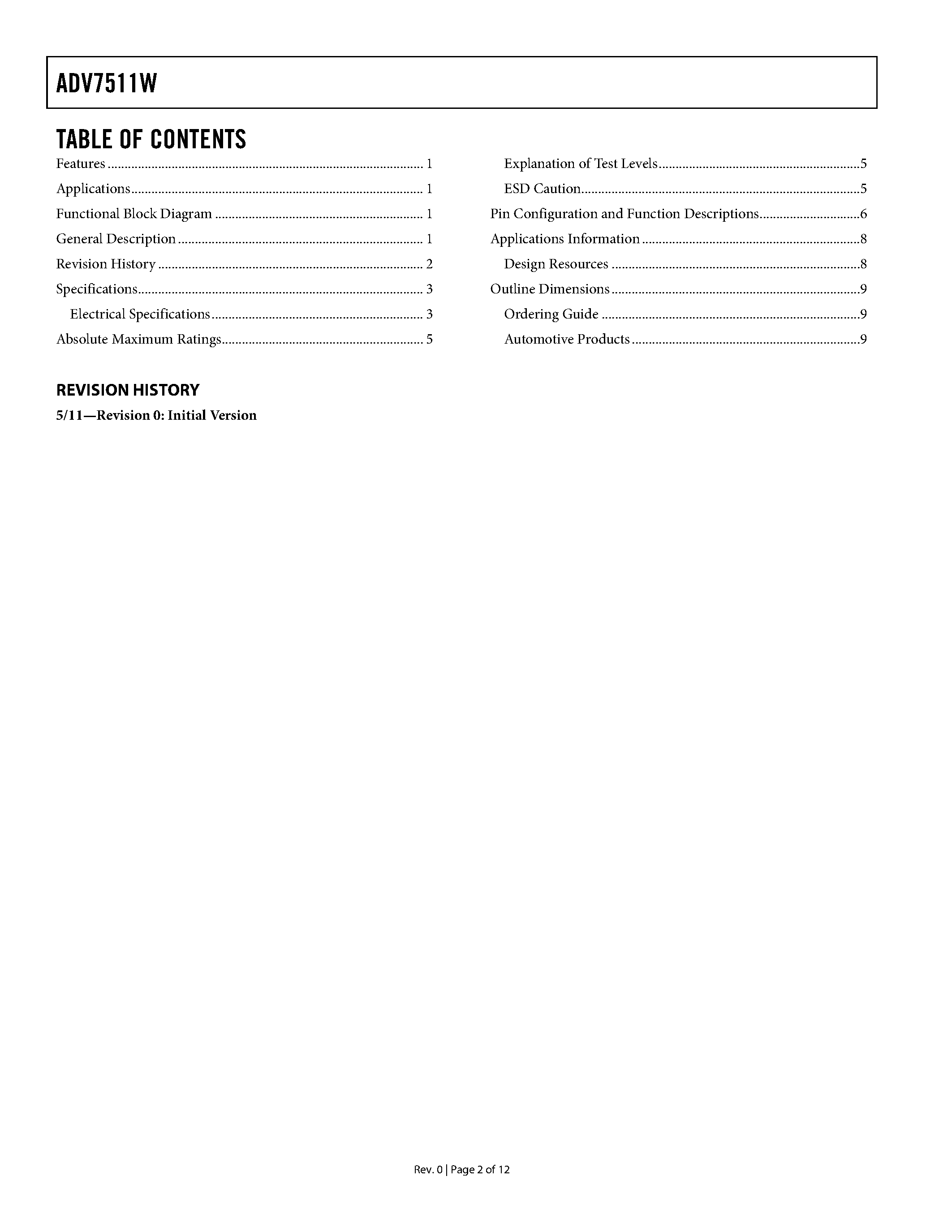 Даташит ADV7511W - High Performance HDMI Transmitter страница 2