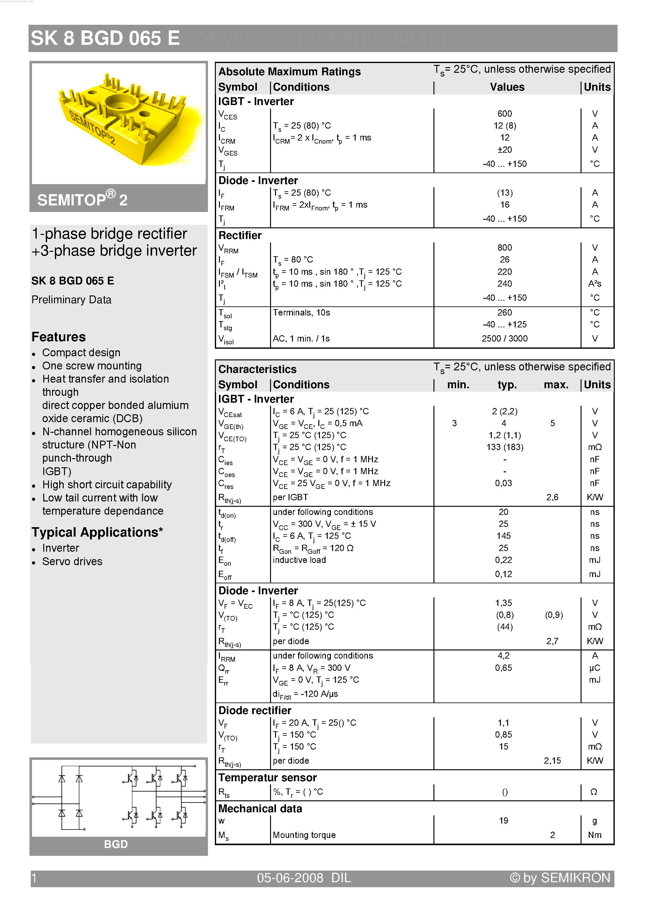 Datasheet SK8BGD065E page 1 Datasheet SK8BGD065E - 1-phase bridge rectifier 3-phase bridge inverter page 1
