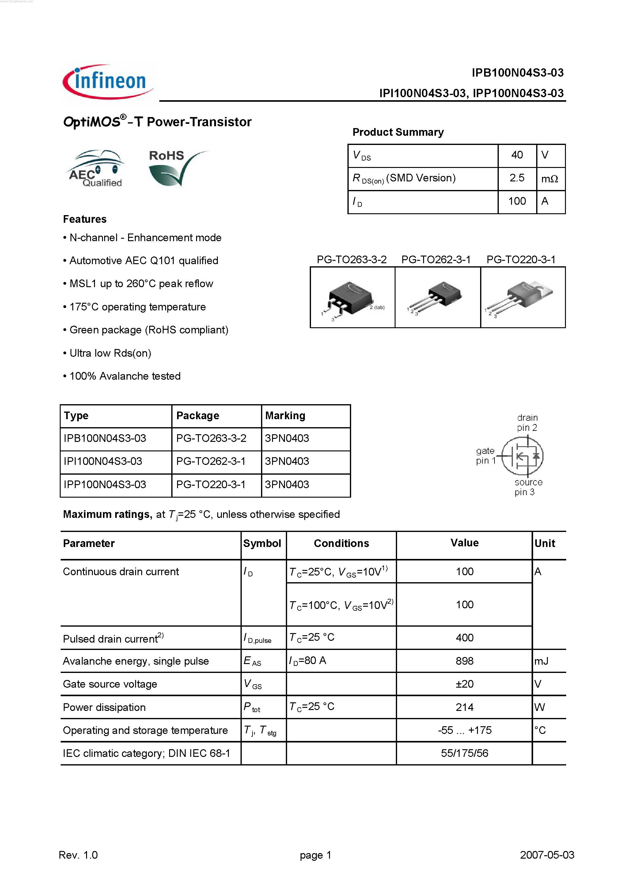 Даташит IPB100N04S3-03 - OptiMOS-T Power-Transistor страница 1