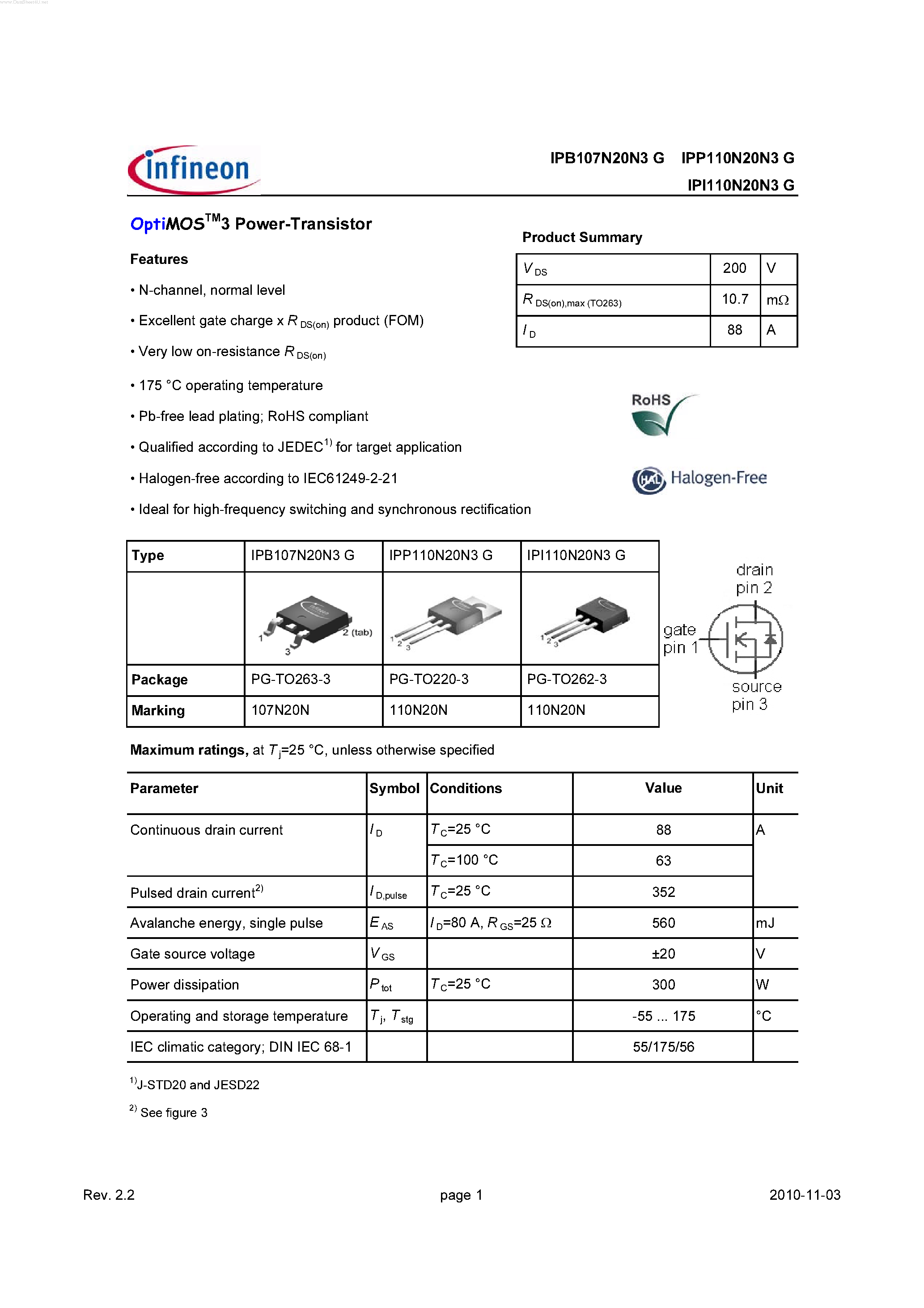 Datasheet IPB107N20N3G - OptiMOS 3 Power-Transistor page 1