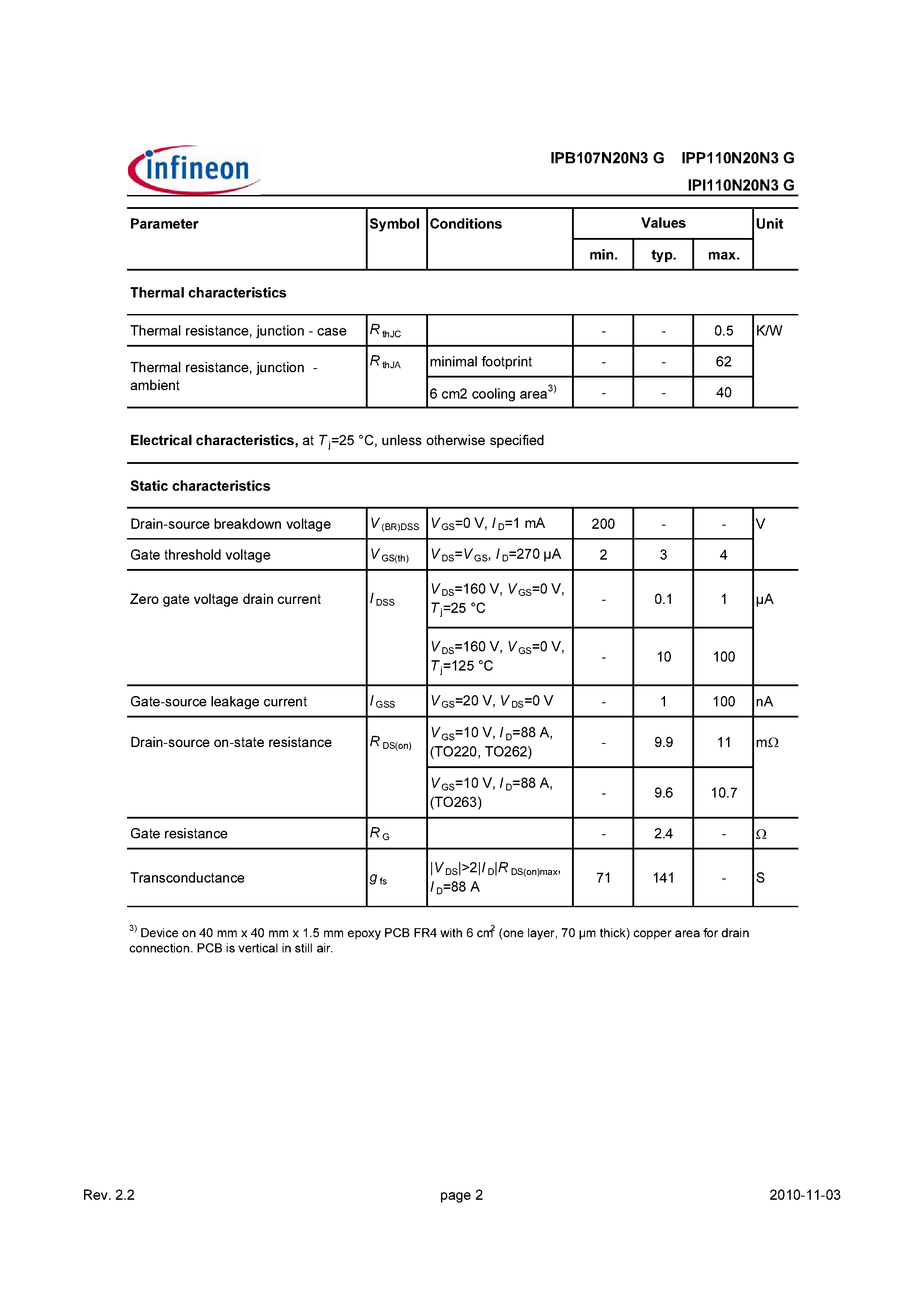 Datasheet IPB107N20N3G - OptiMOS 3 Power-Transistor page 2