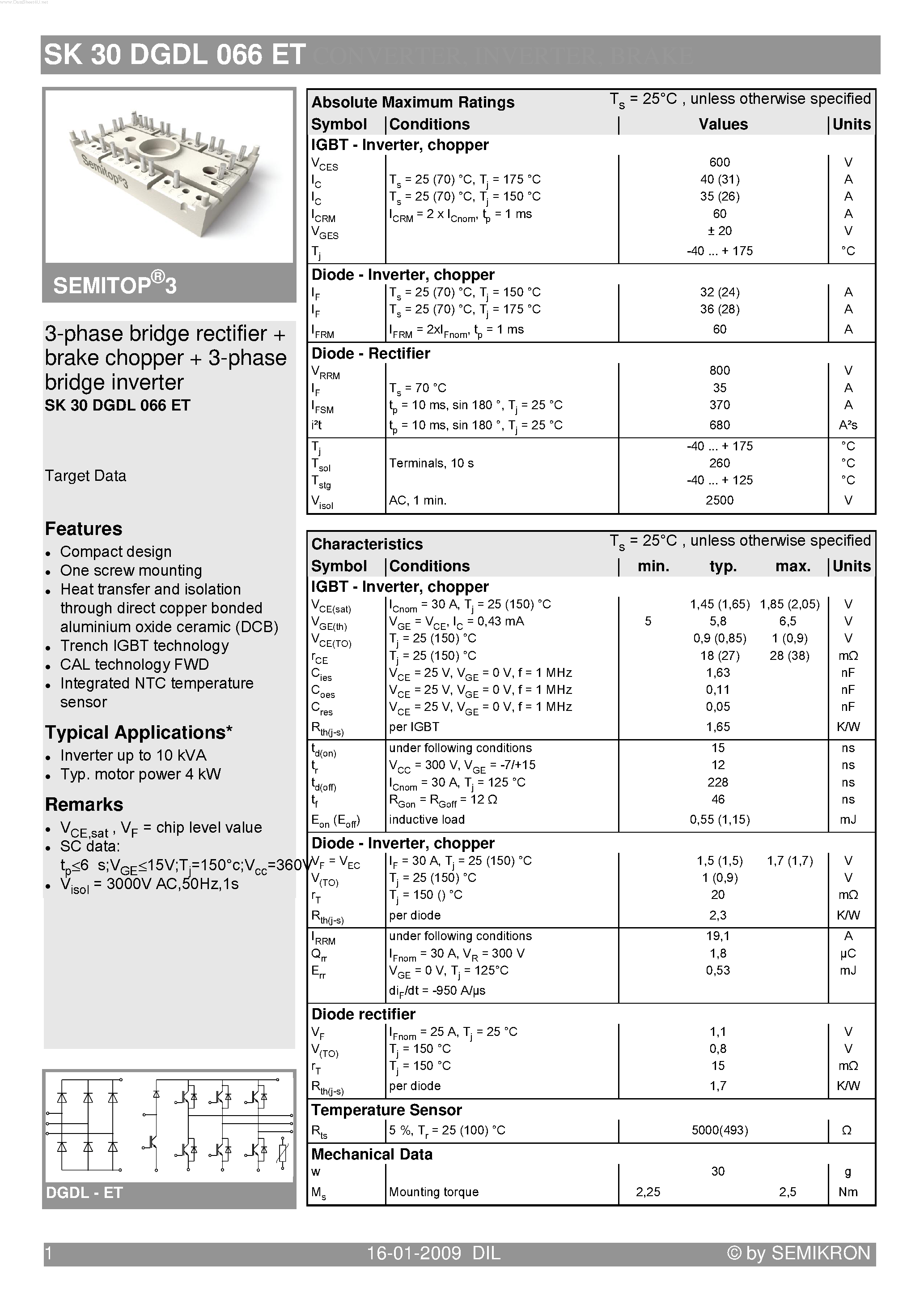 Datasheet SK30DGDL066ET - 3-phase bridge rectifier brake chopper 3-phase bridge inverter page 1