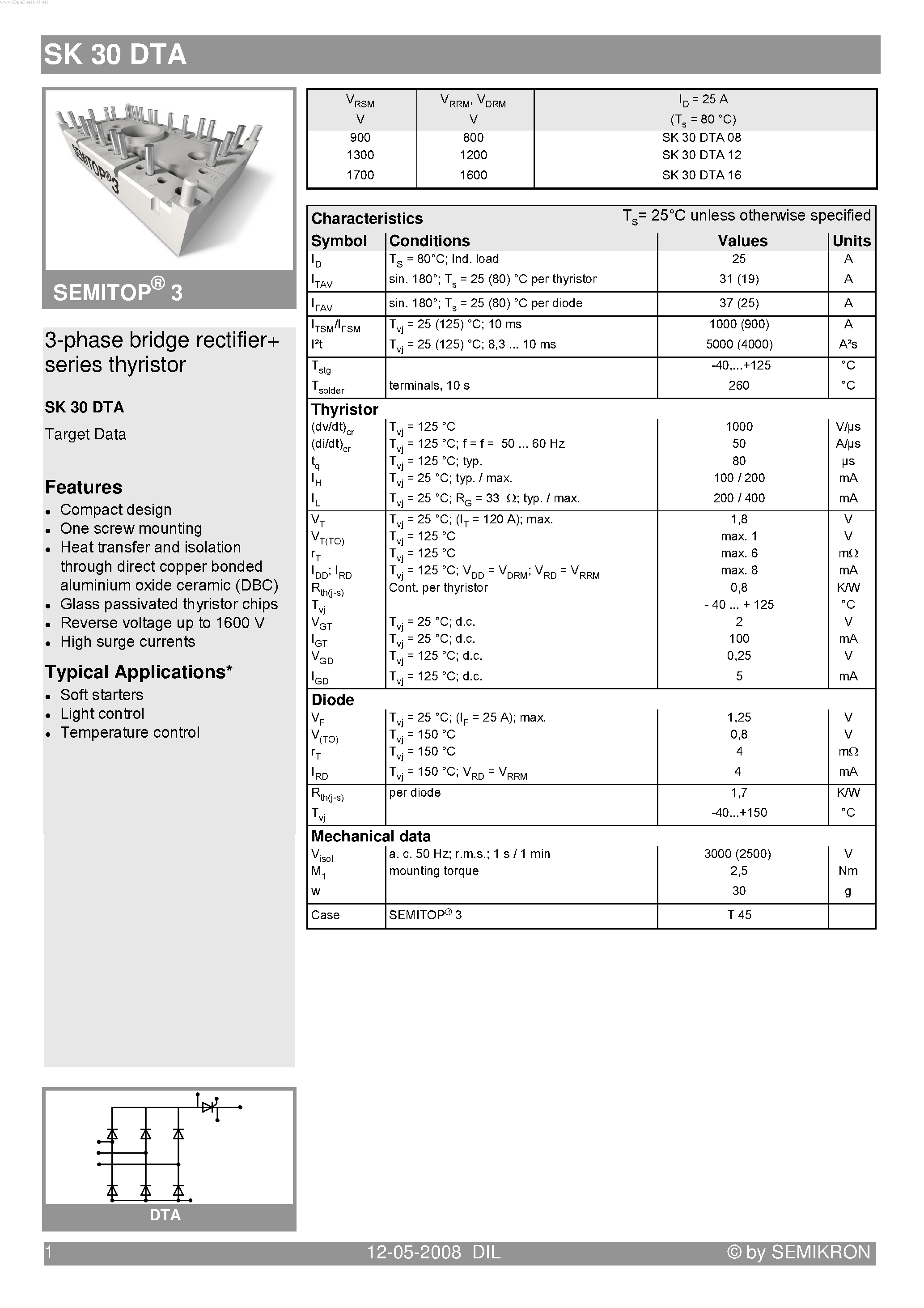 Datasheet SK30DTA - 3-phase bridge rectifier series thyristor page 1