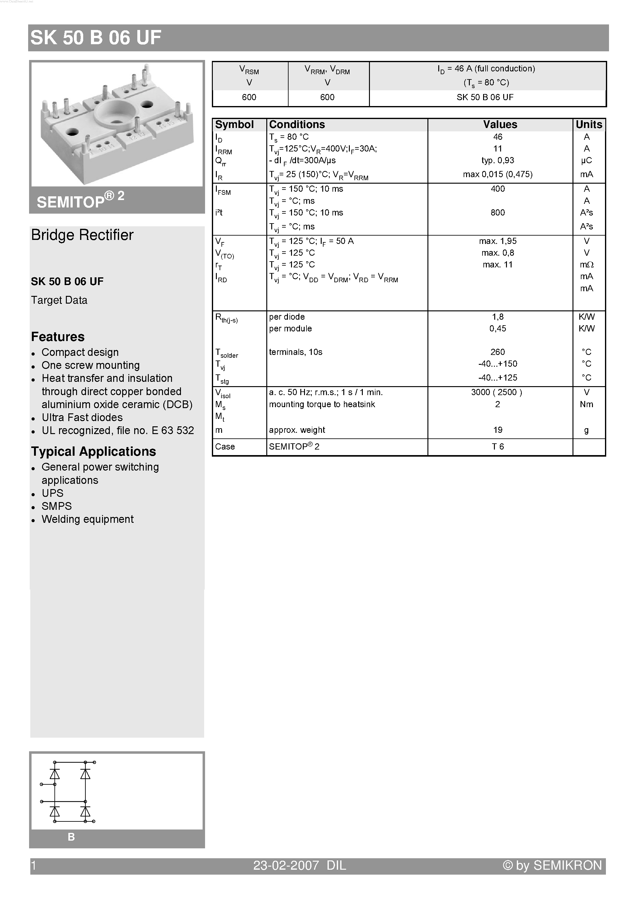 Datasheet SK50B06UF - Bridge Rectifier page 1
