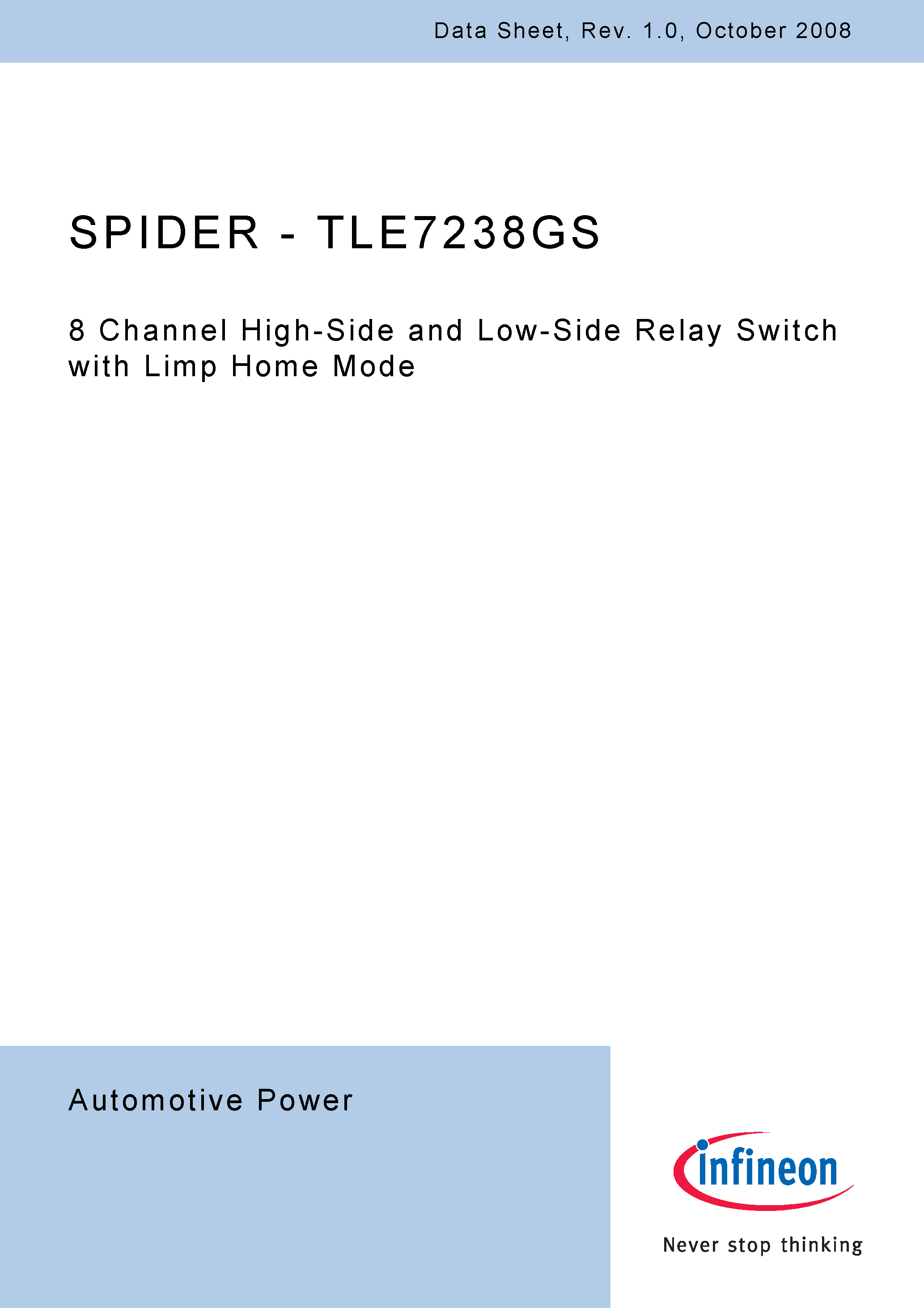 Даташит на микросхему TLE7238GS страница 1 Даташит TLE7238GS - 8 Channel High-Side and Low-Side Relay Switch страница 1