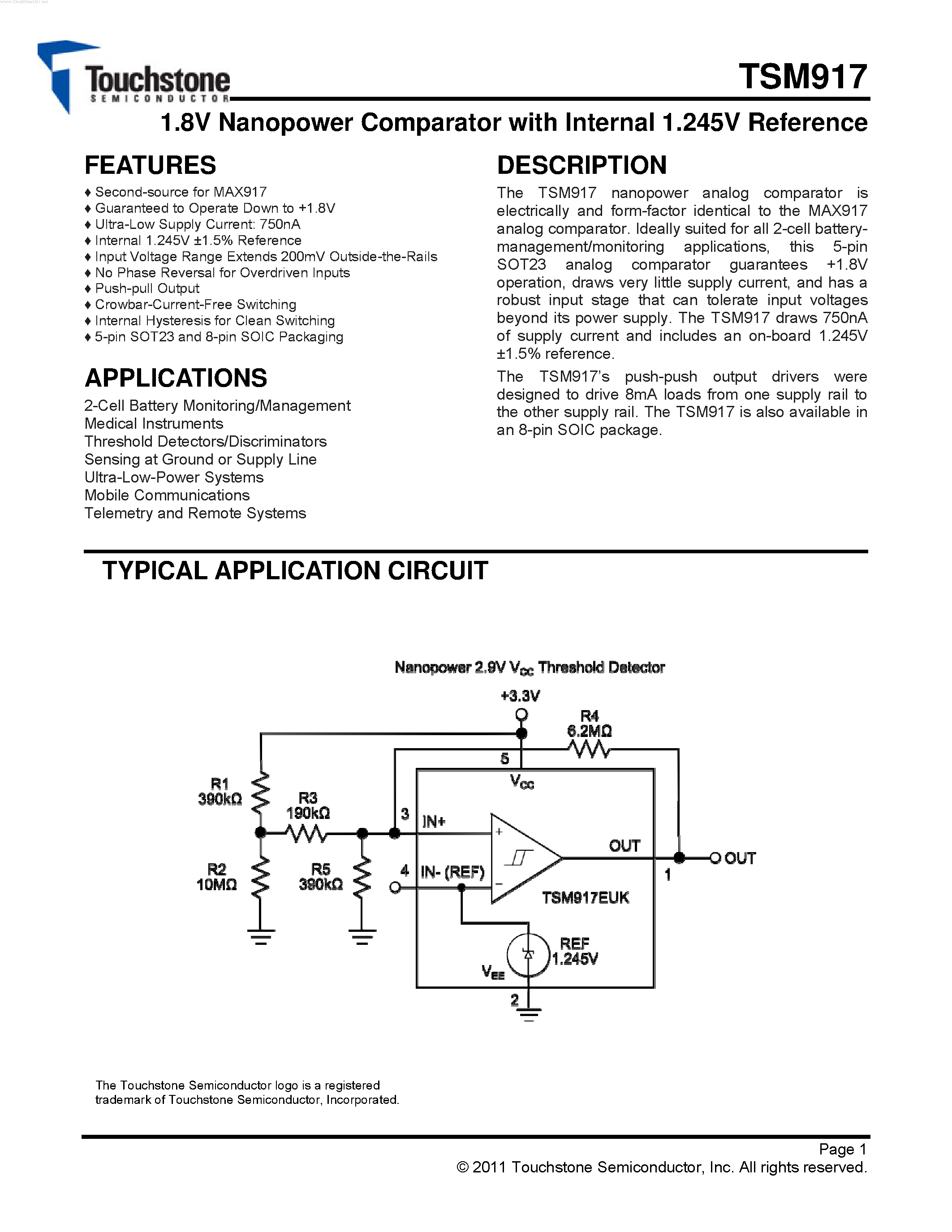 Datasheet TSM917 - 1.8V Nanopower Comparator page 1