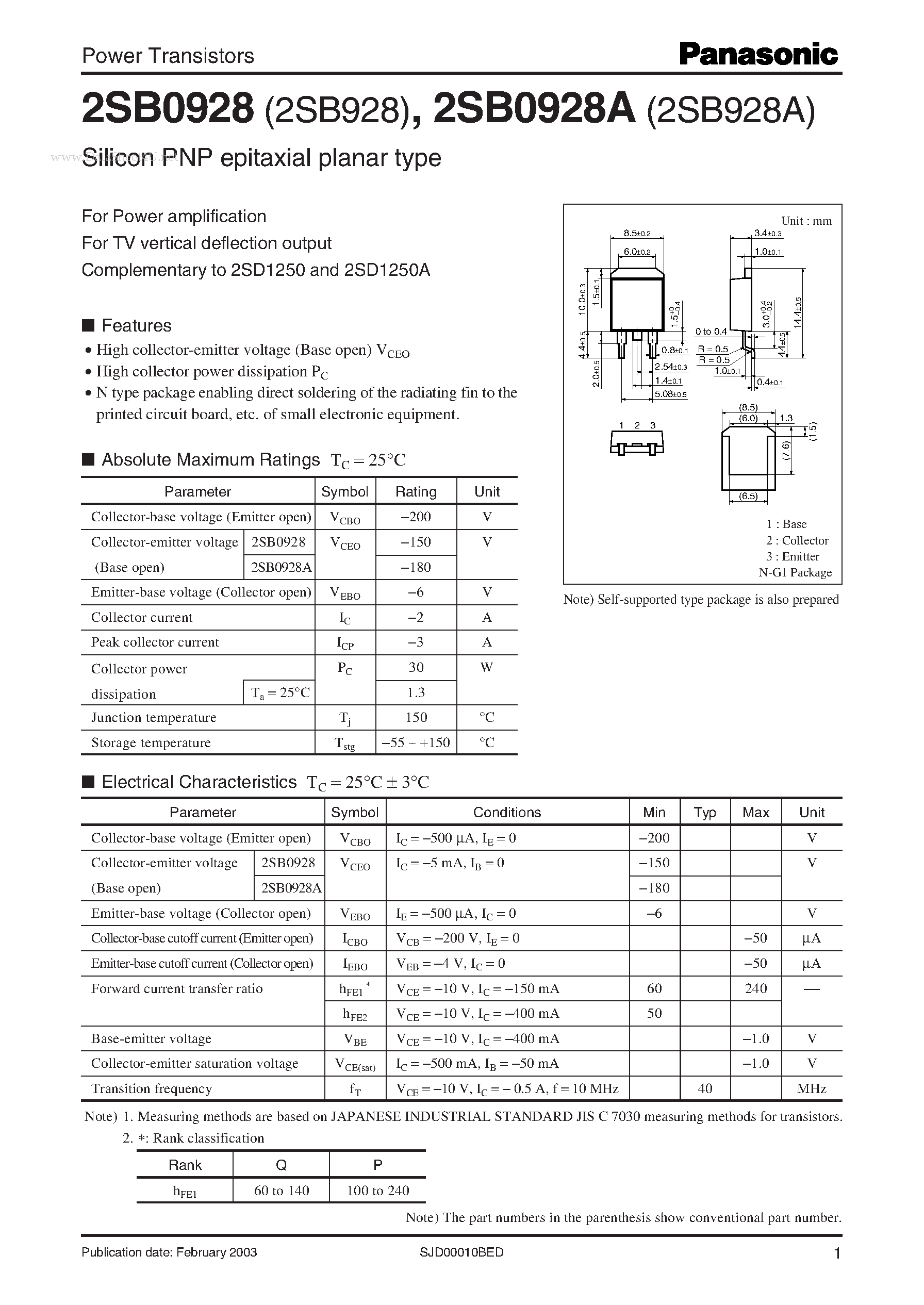 Даташит 2SB0928 - Power Transistors страница 1