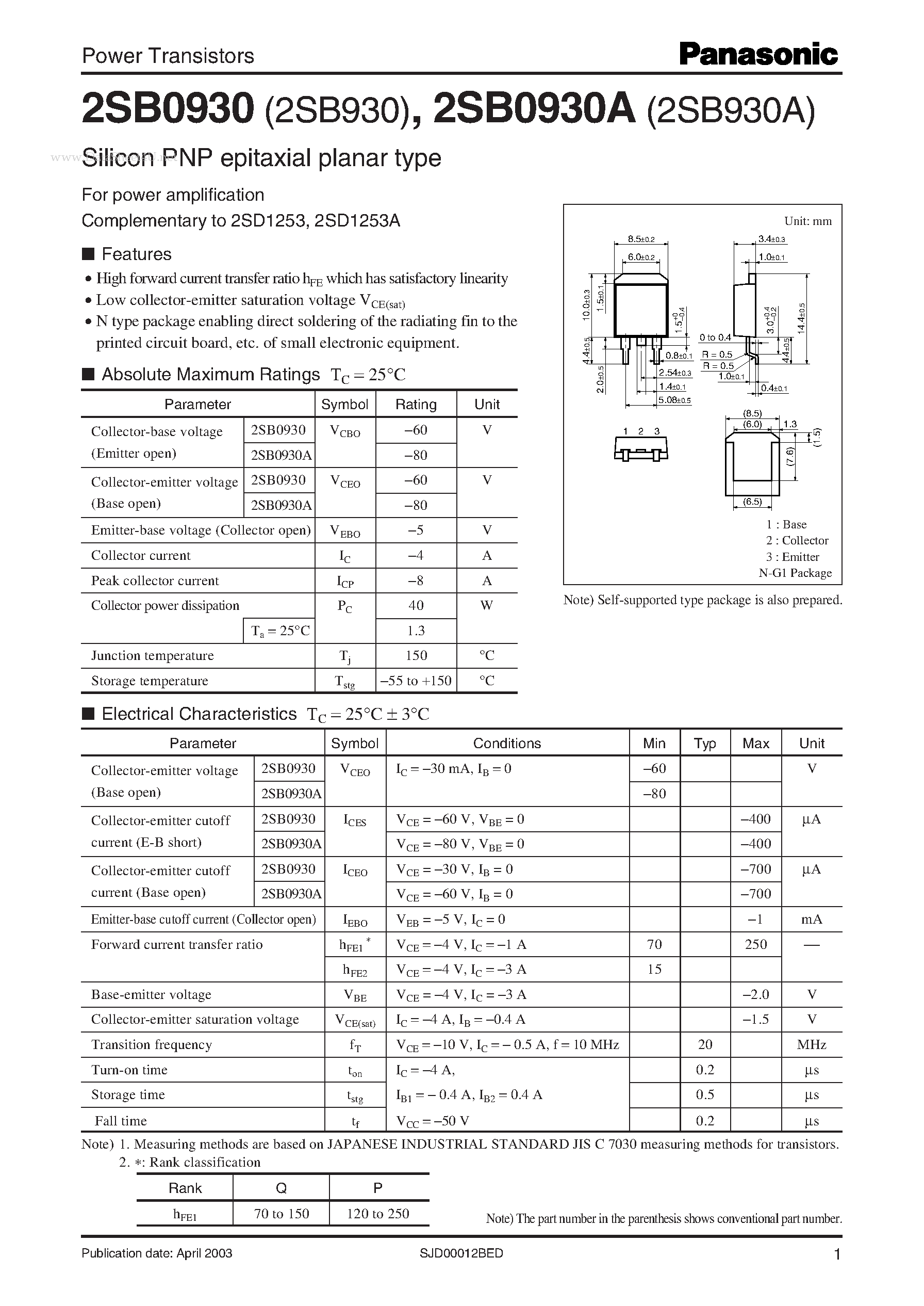 Даташит 2SB0930 - Power Transistors страница 1