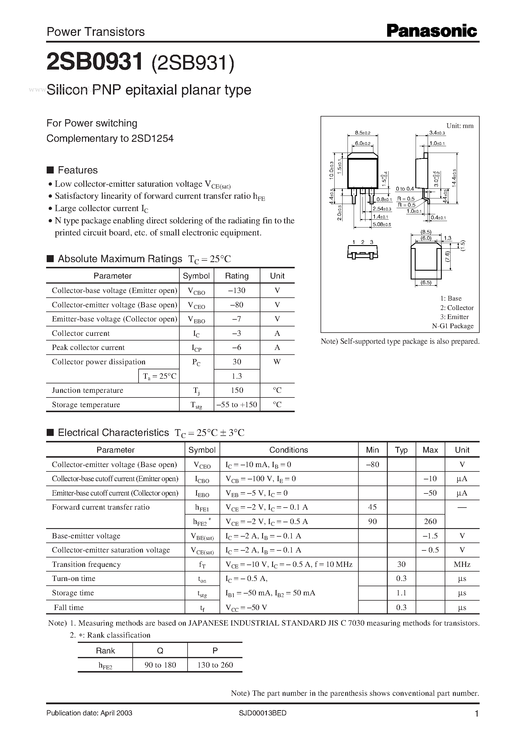 Даташит 2SB0931 - Power Transistors страница 1