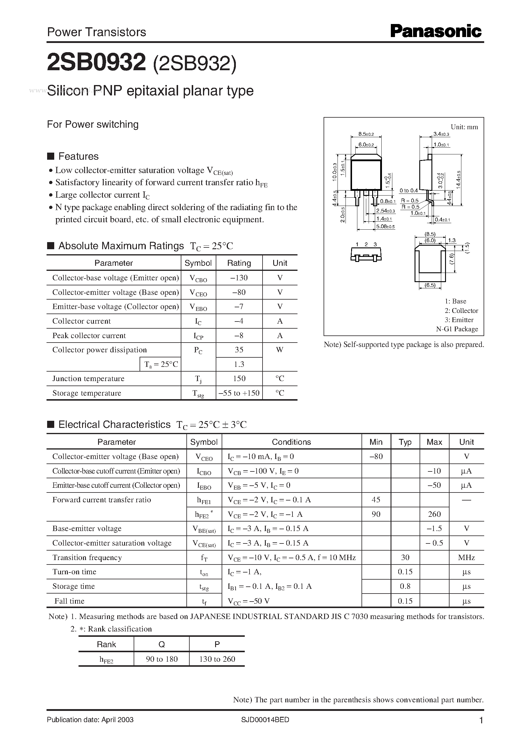 Даташит 2SB0932 - Power Transistors страница 1