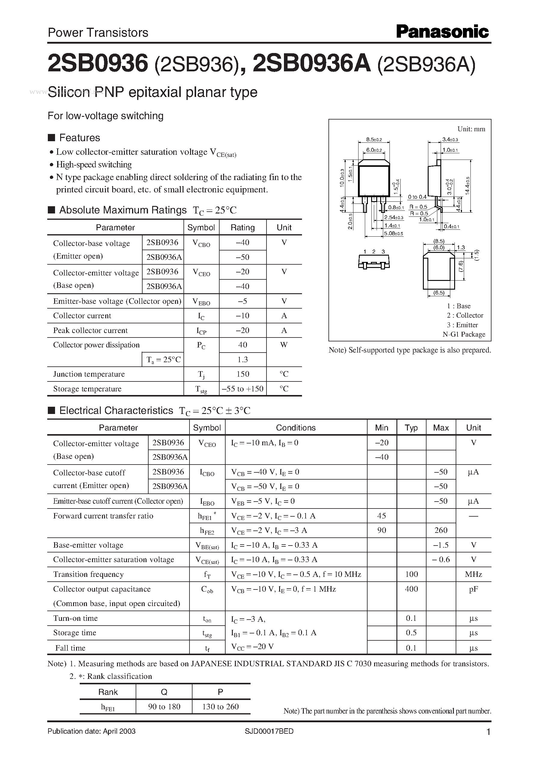 Даташит 2SB0936 - Power Transistors страница 1