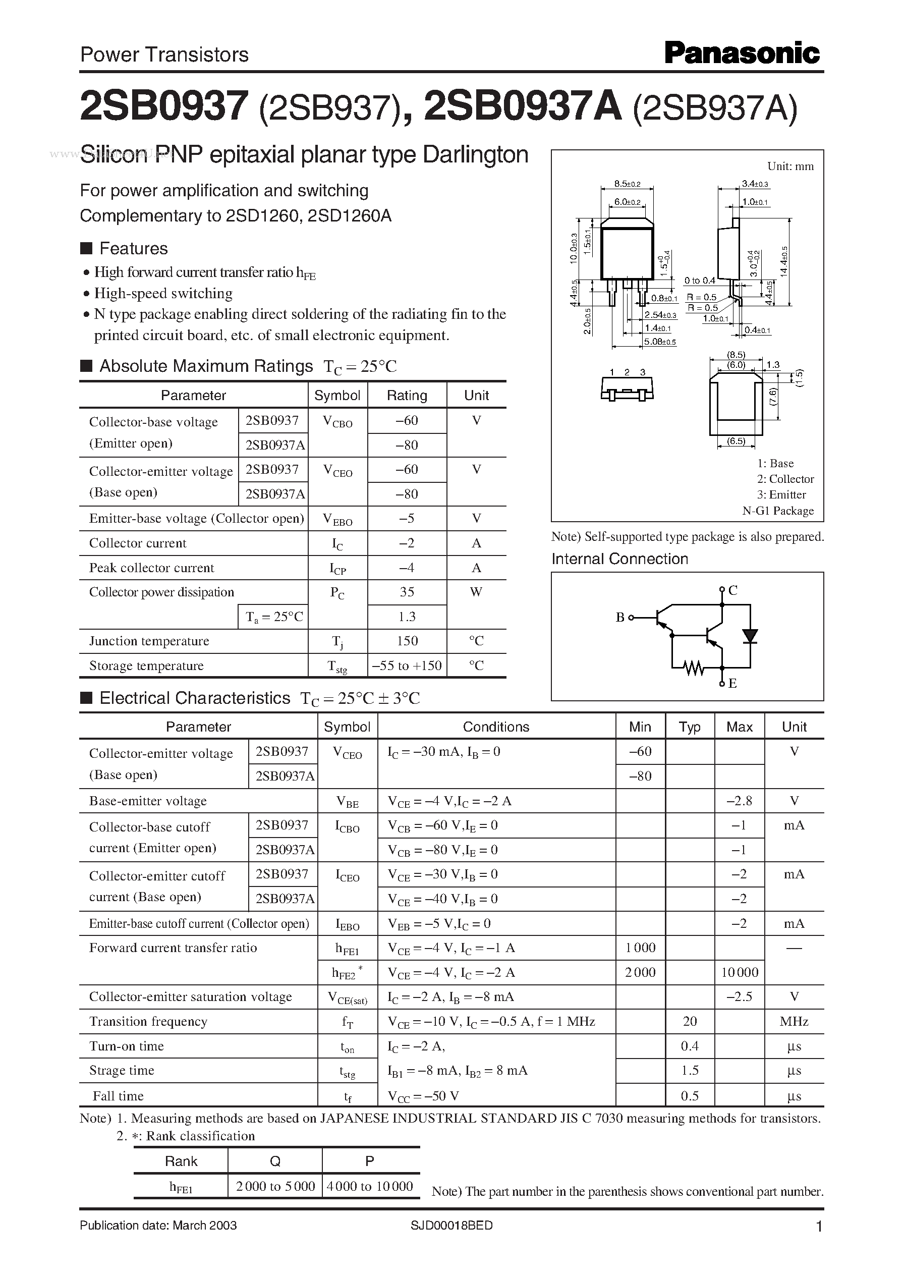 Даташит 2SB0937 - Power Transistors страница 1