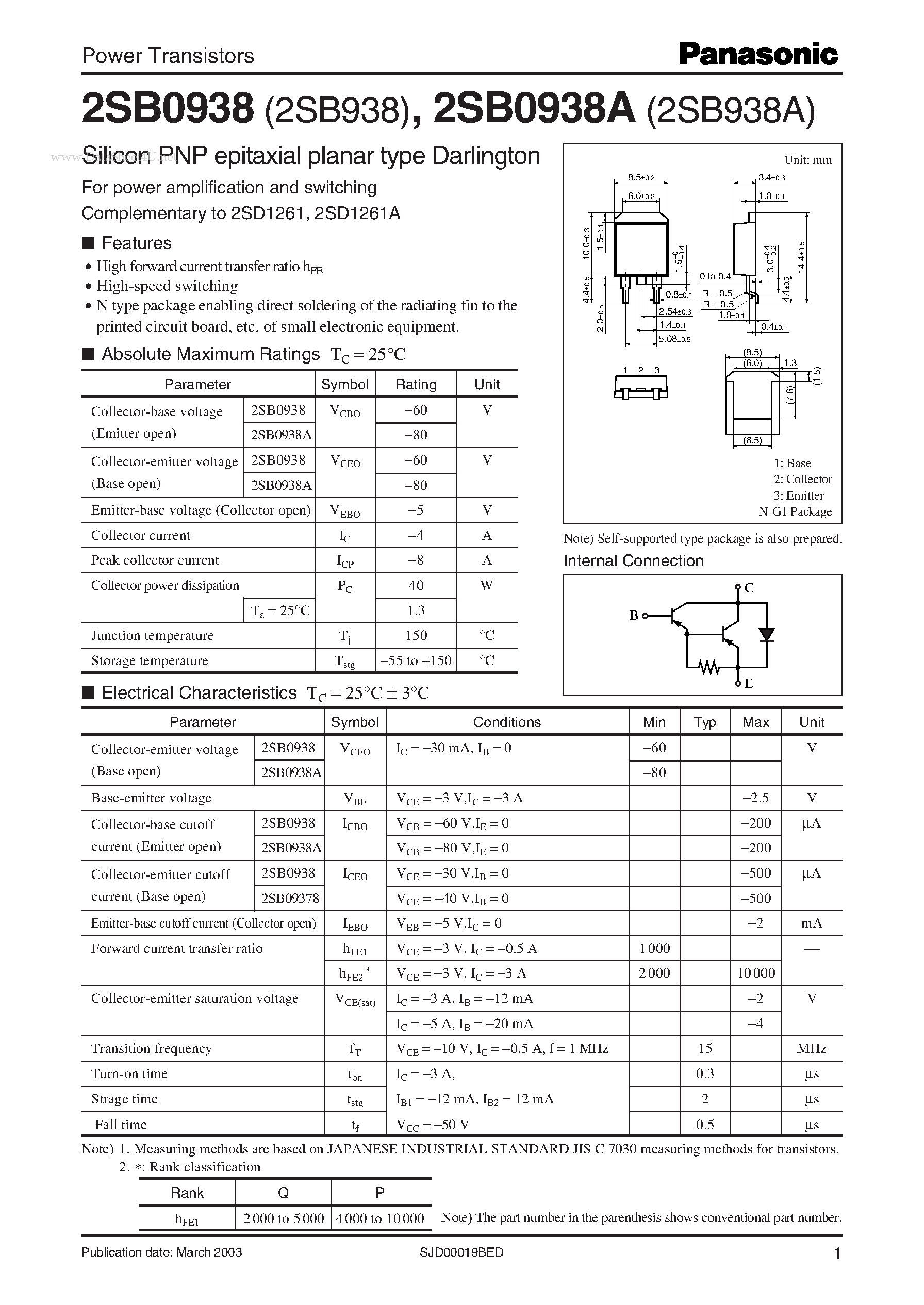 Даташит 2SB0938 - Power Transistors страница 1