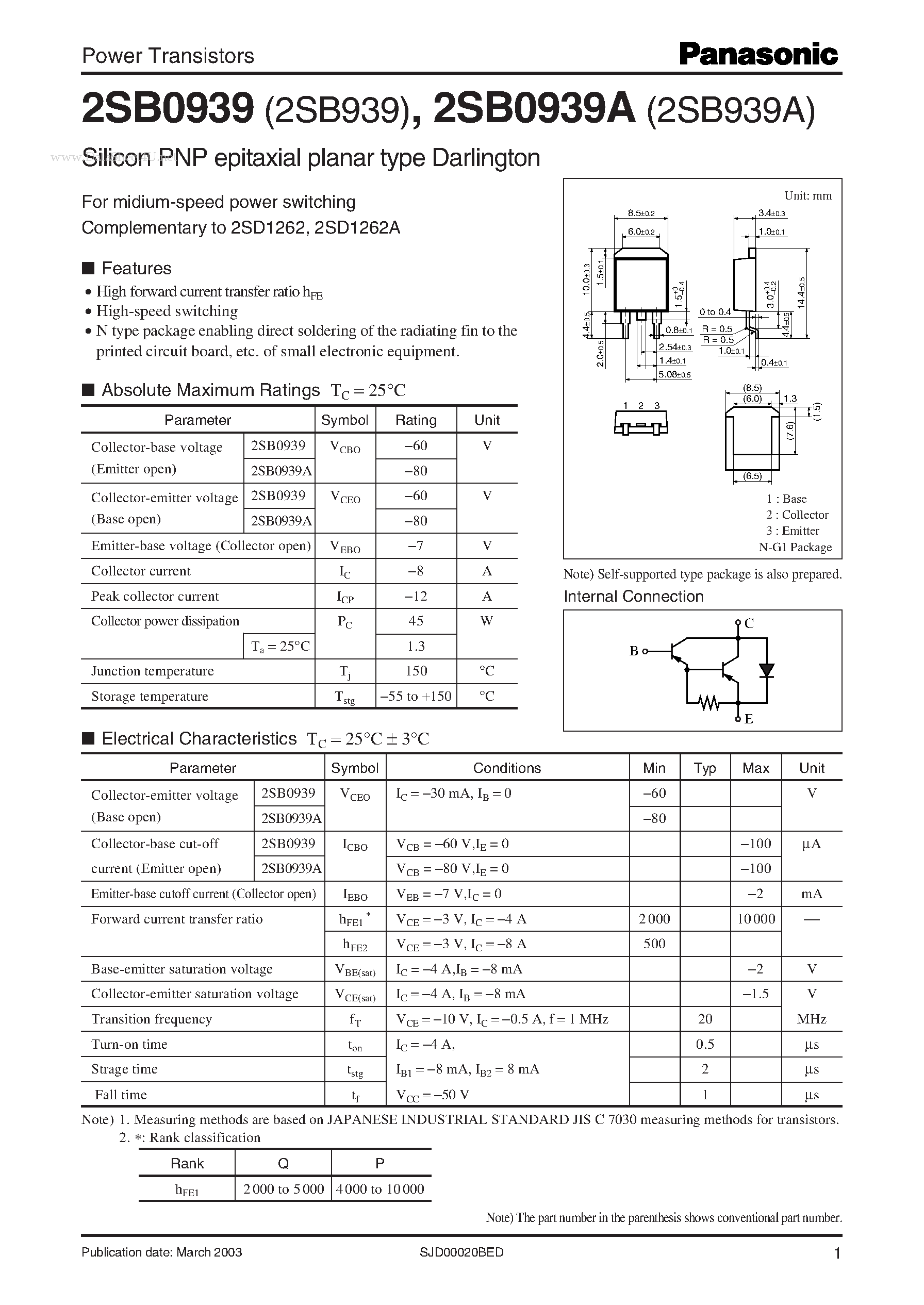 Даташит 2SB0939A - Power Transistors страница 1