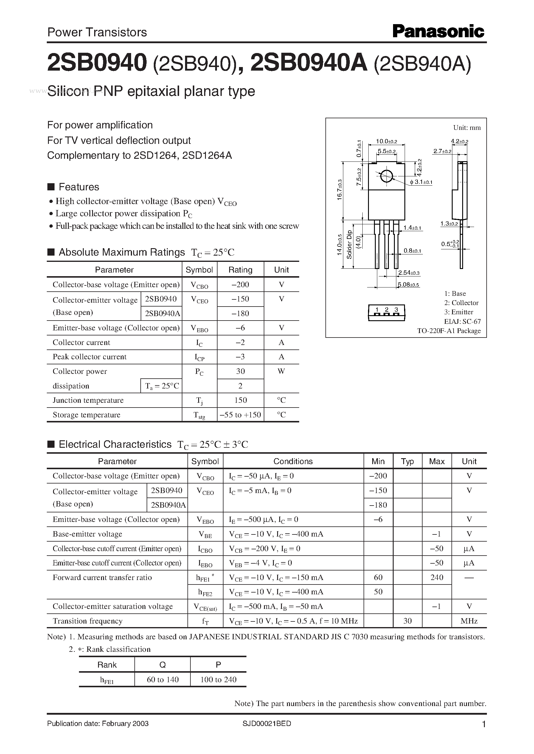 Даташит 2SB0940 - Power Transistors страница 1