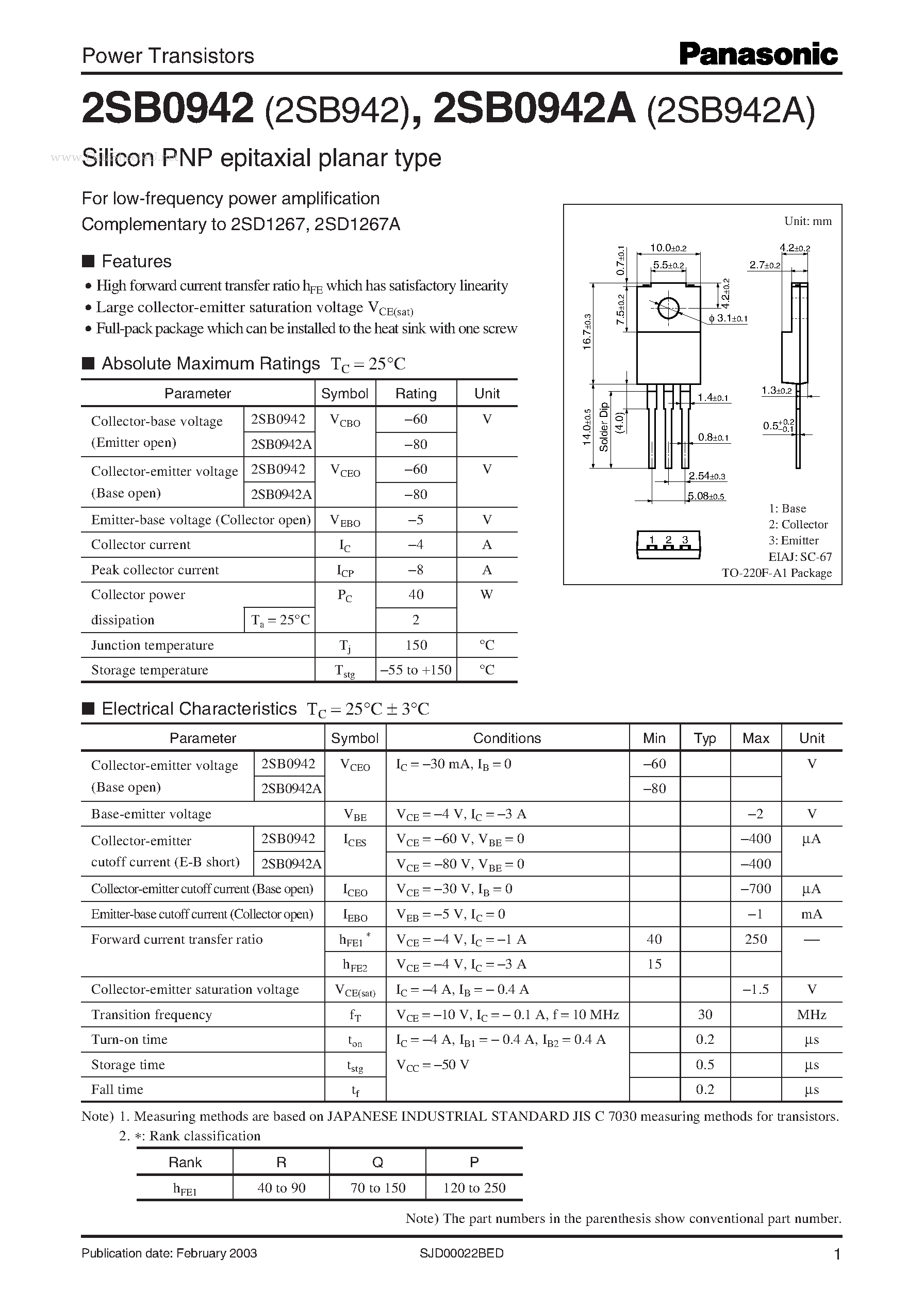 Даташит 2SB0942 - Power Transistors страница 1