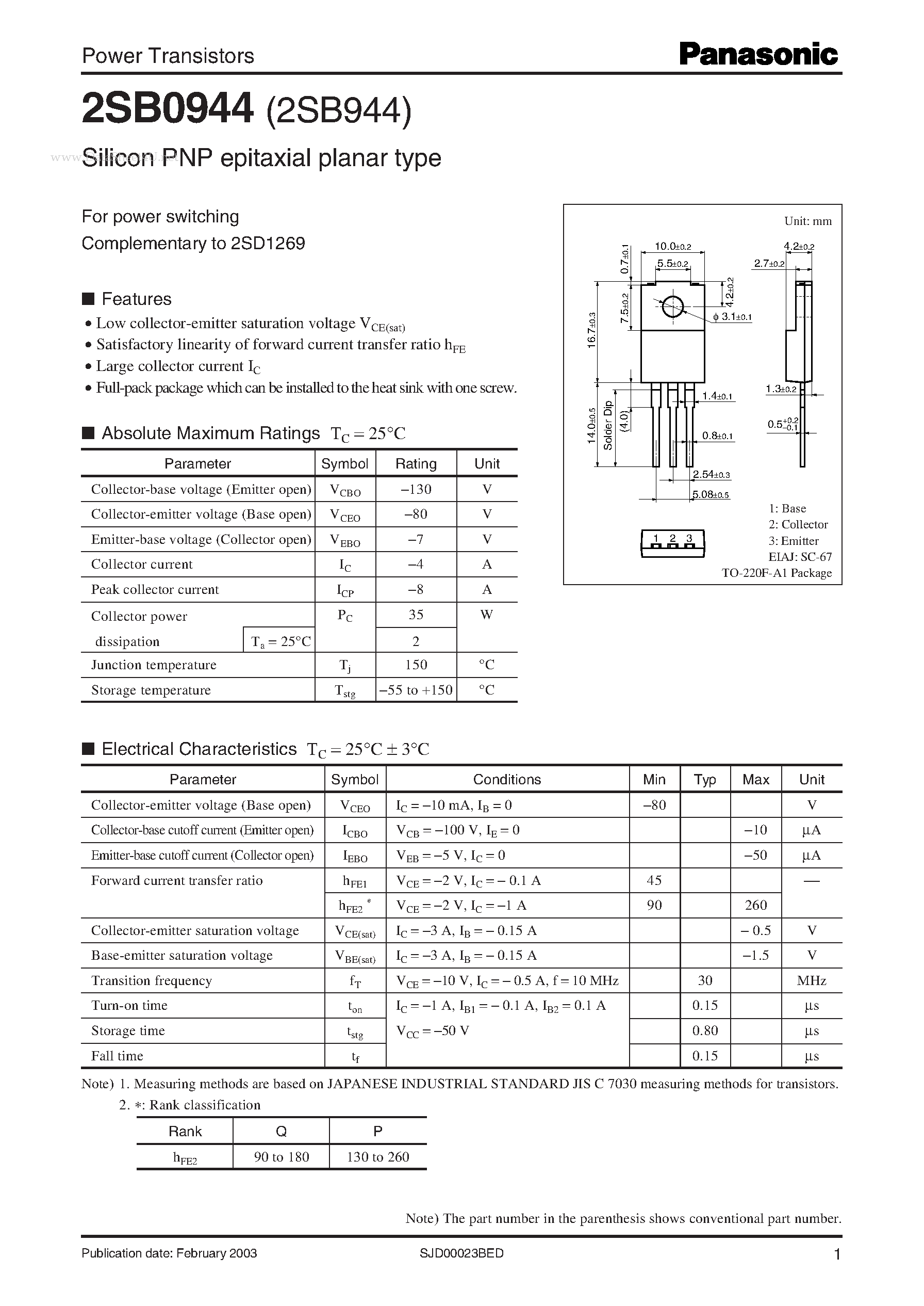 Даташит 2SB0944 - Power Transistors страница 1