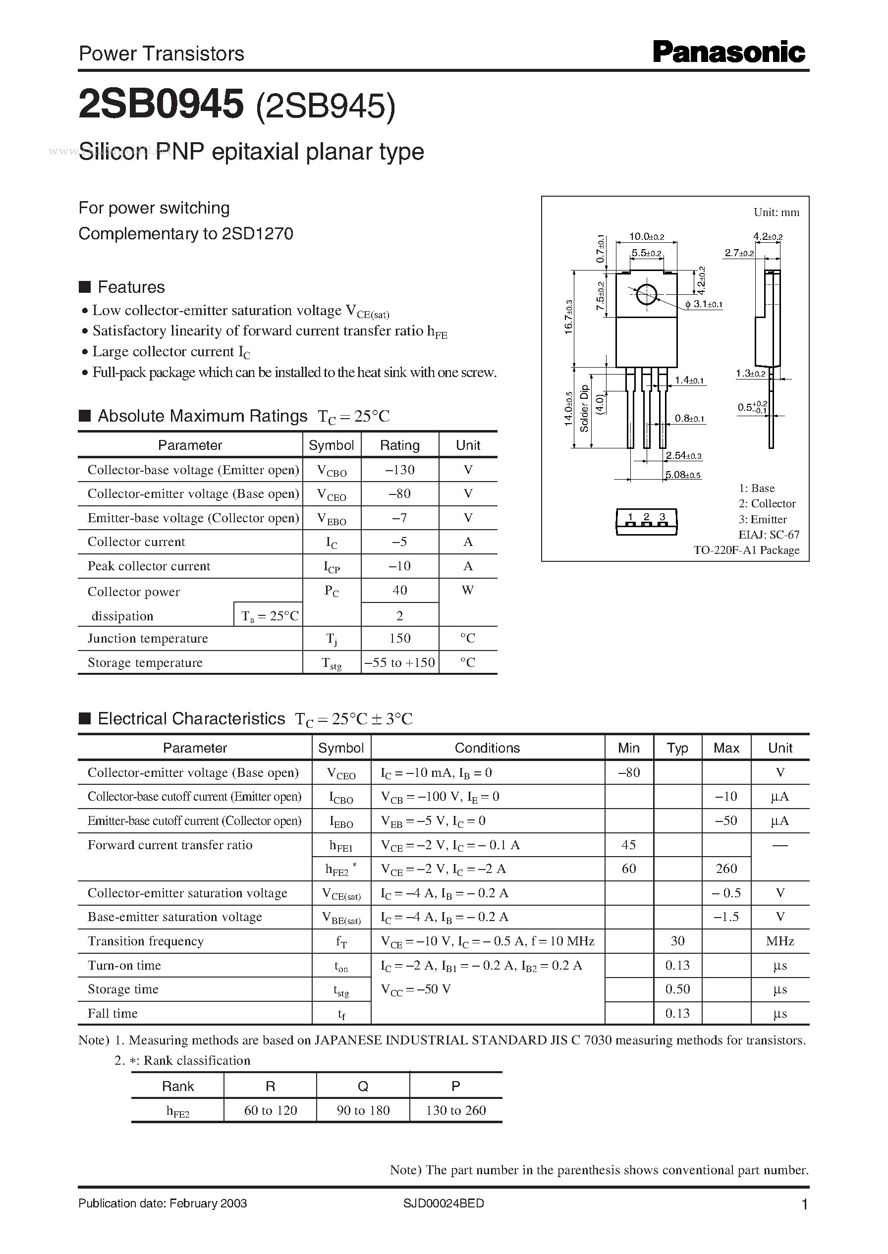 Даташит 2SB0945 - Power Transistors страница 1