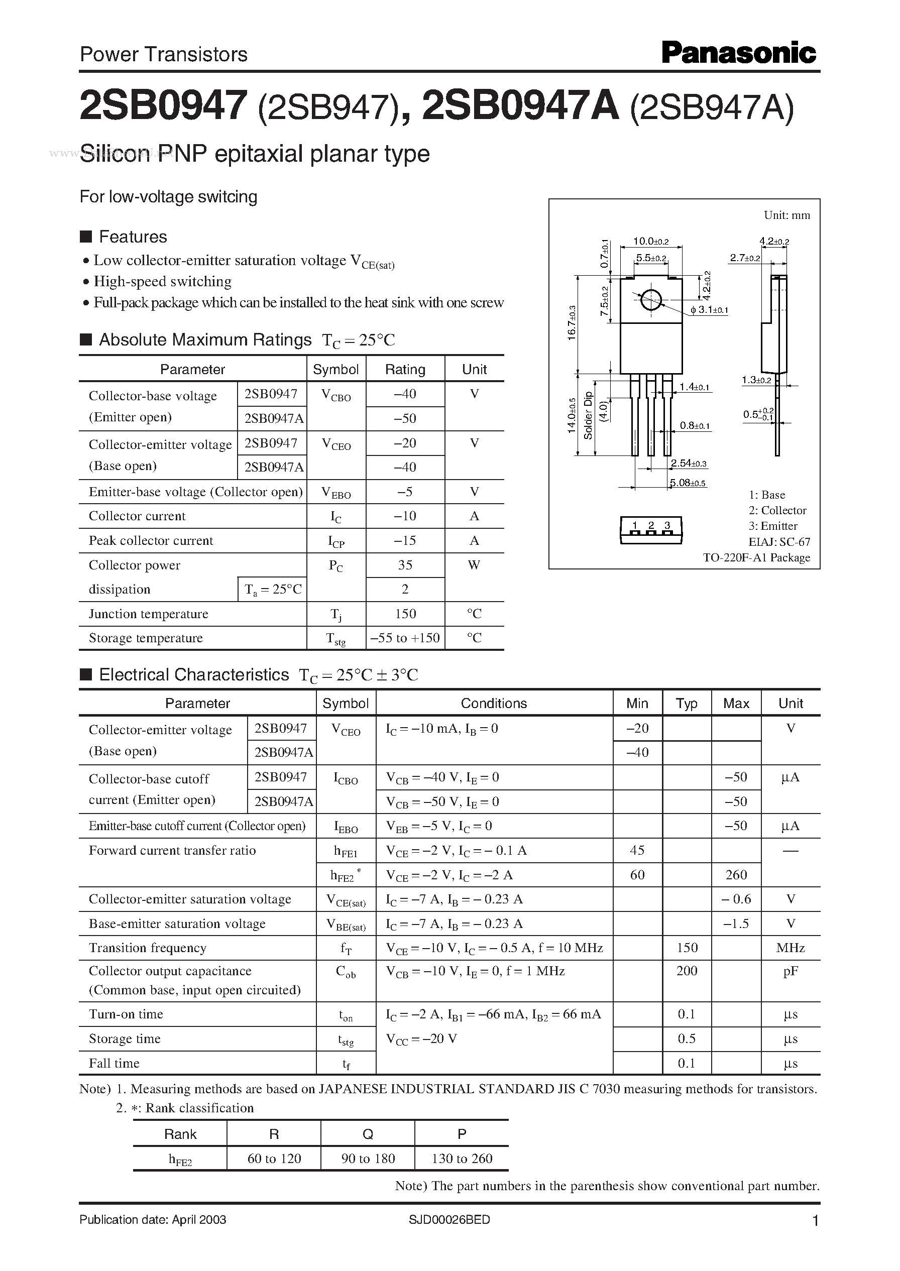Даташит 2SB0947 - Power Transistors страница 1