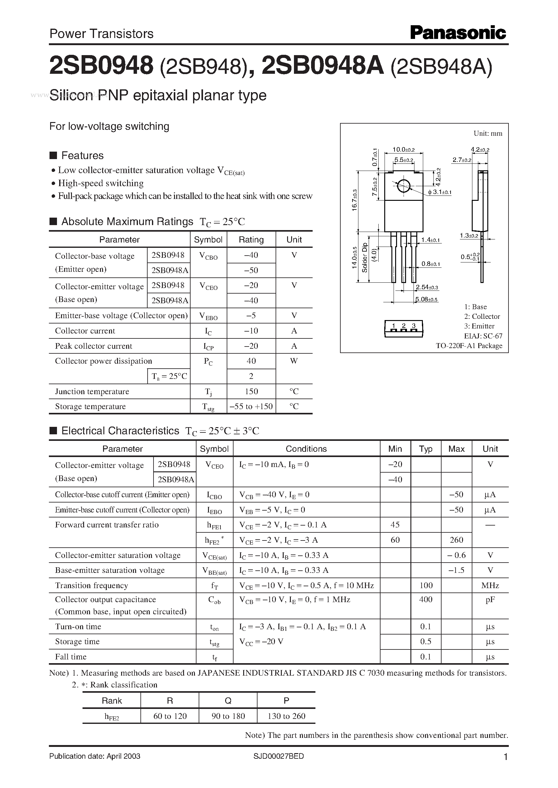 Даташит 2SB0948 - Power Transistors страница 1