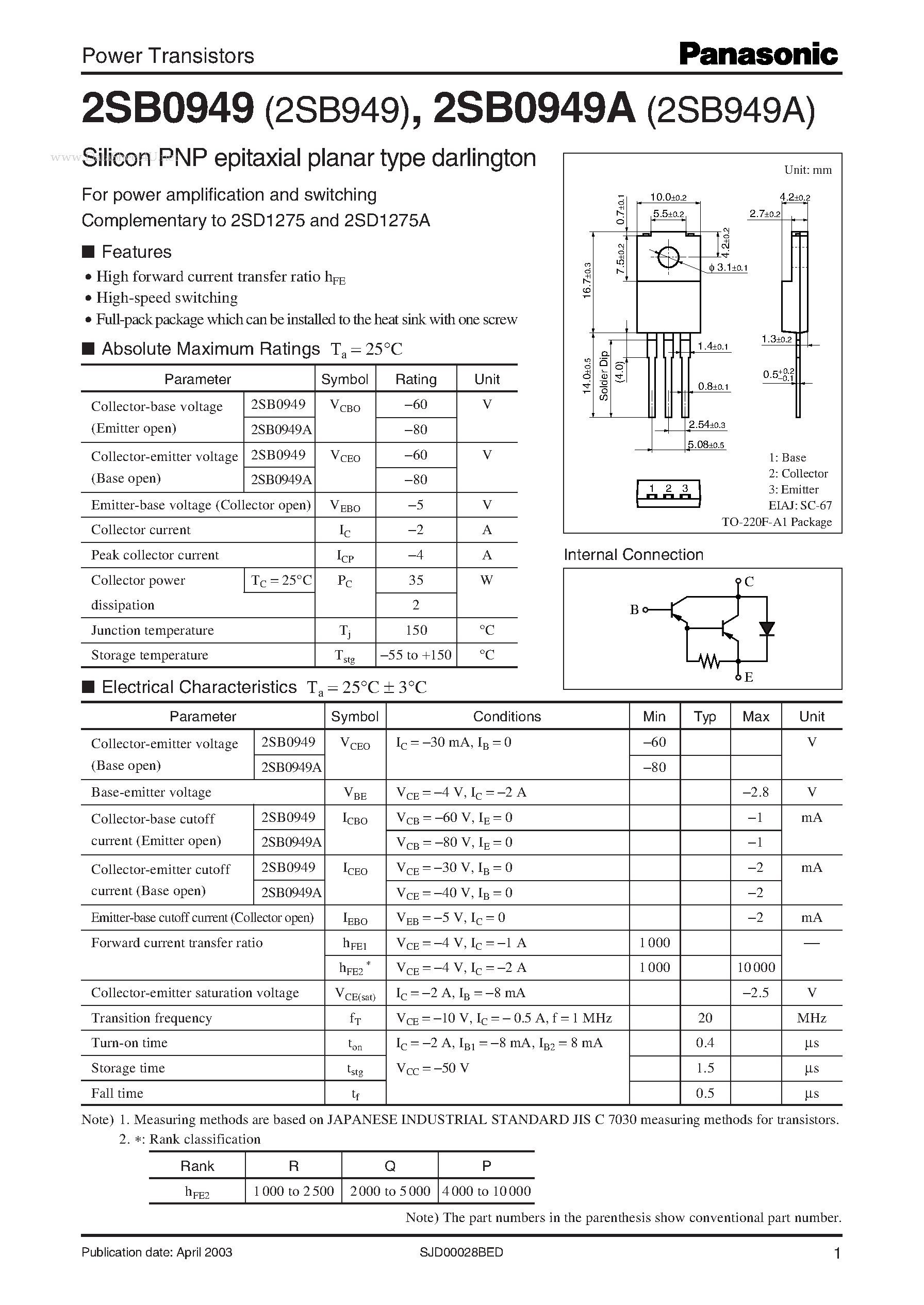 Даташит 2SB0949A - Power Transistors страница 1
