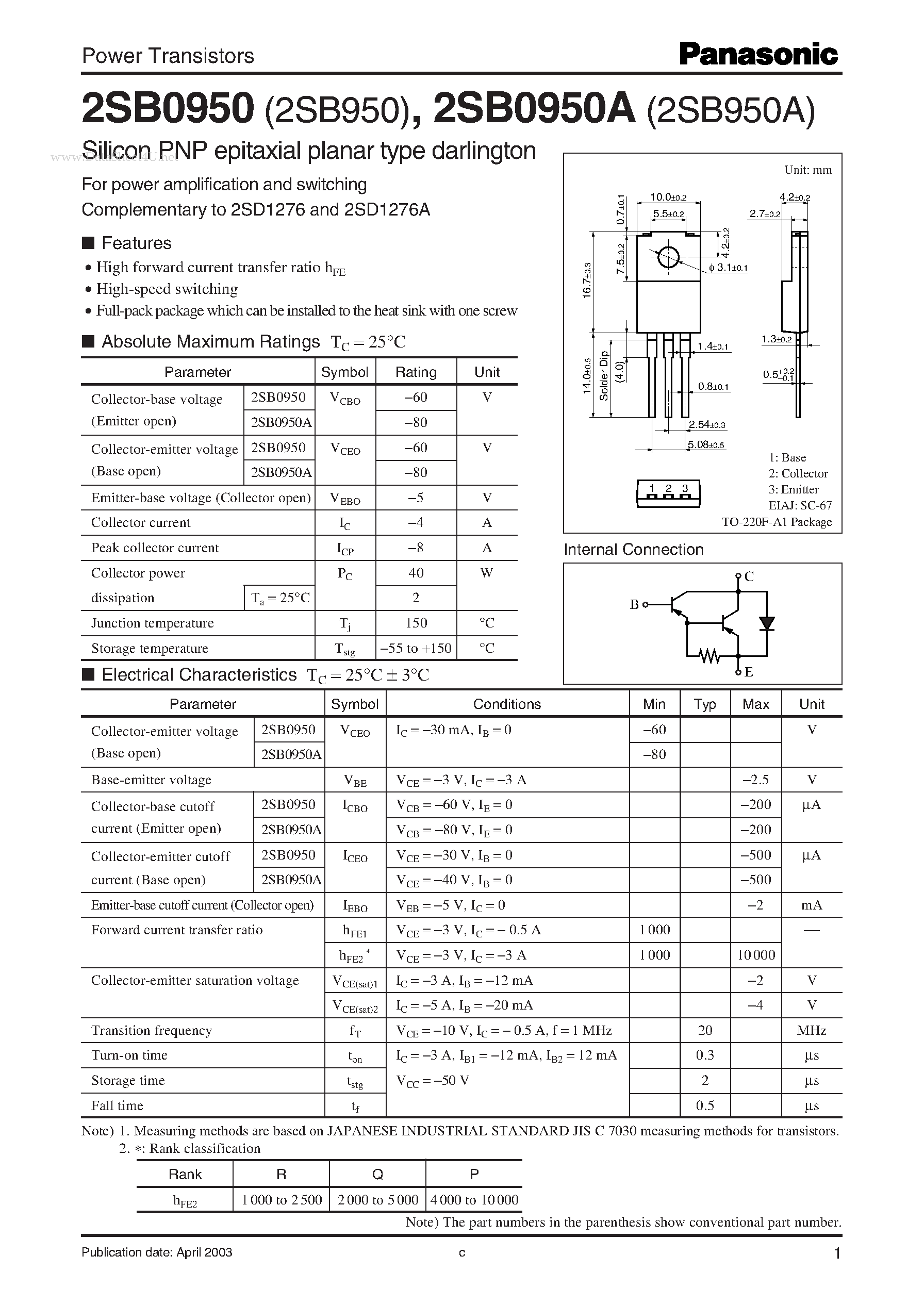 Даташит 2SB0950 - Power Transistors страница 1