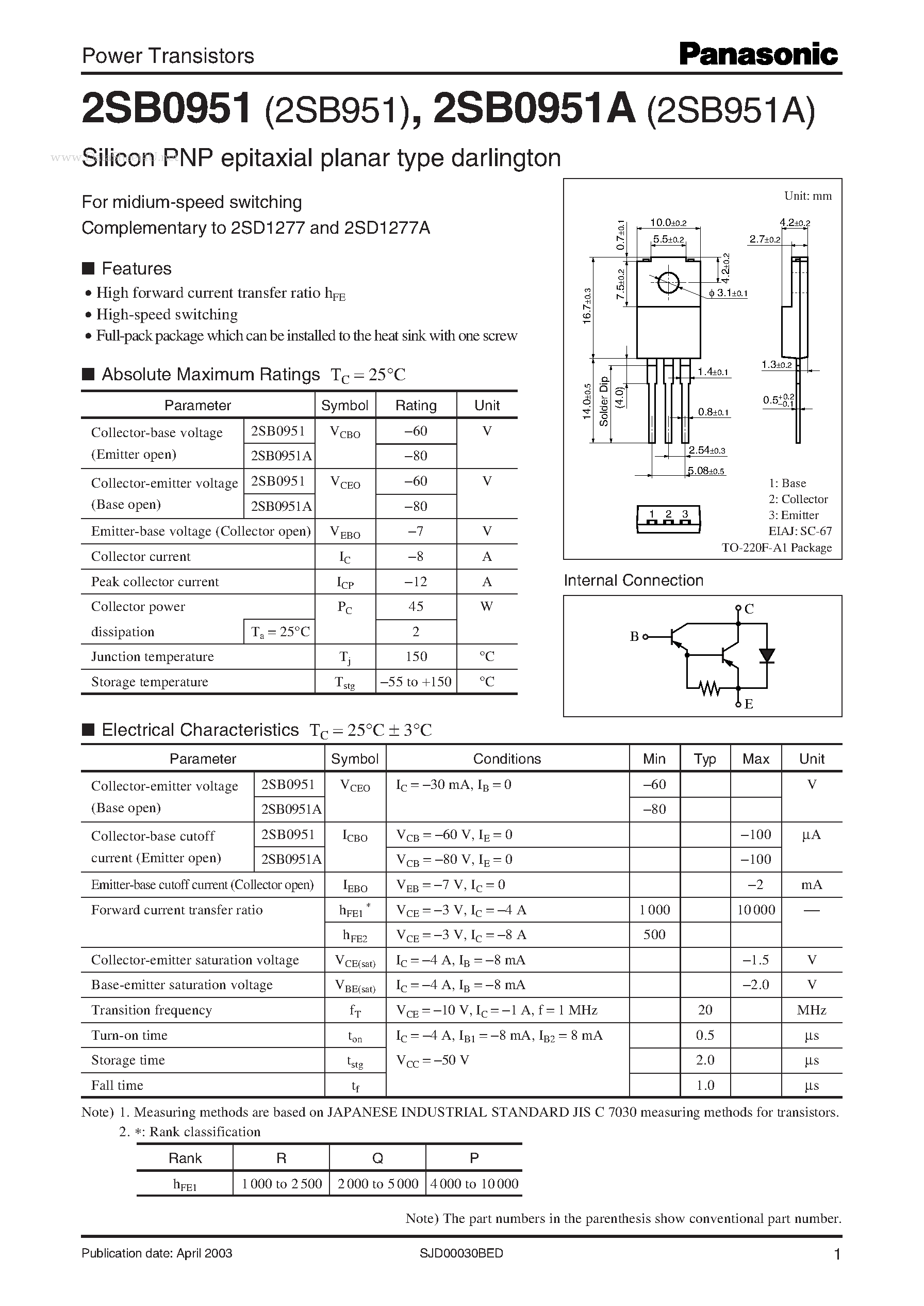 Даташит 2SB0951 - Power Transistors страница 1