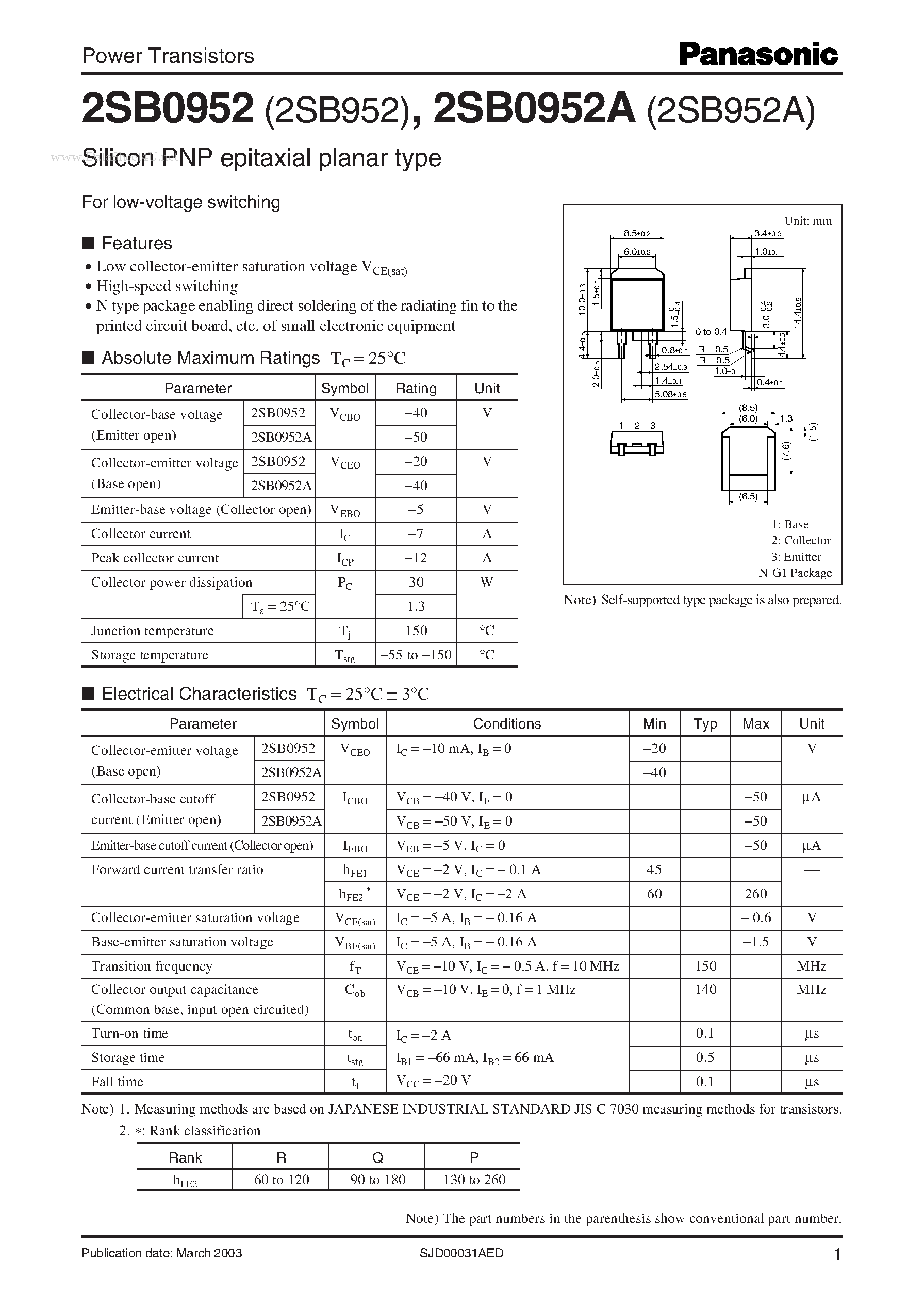 Даташит 2SB0952 - Power Transistors страница 1