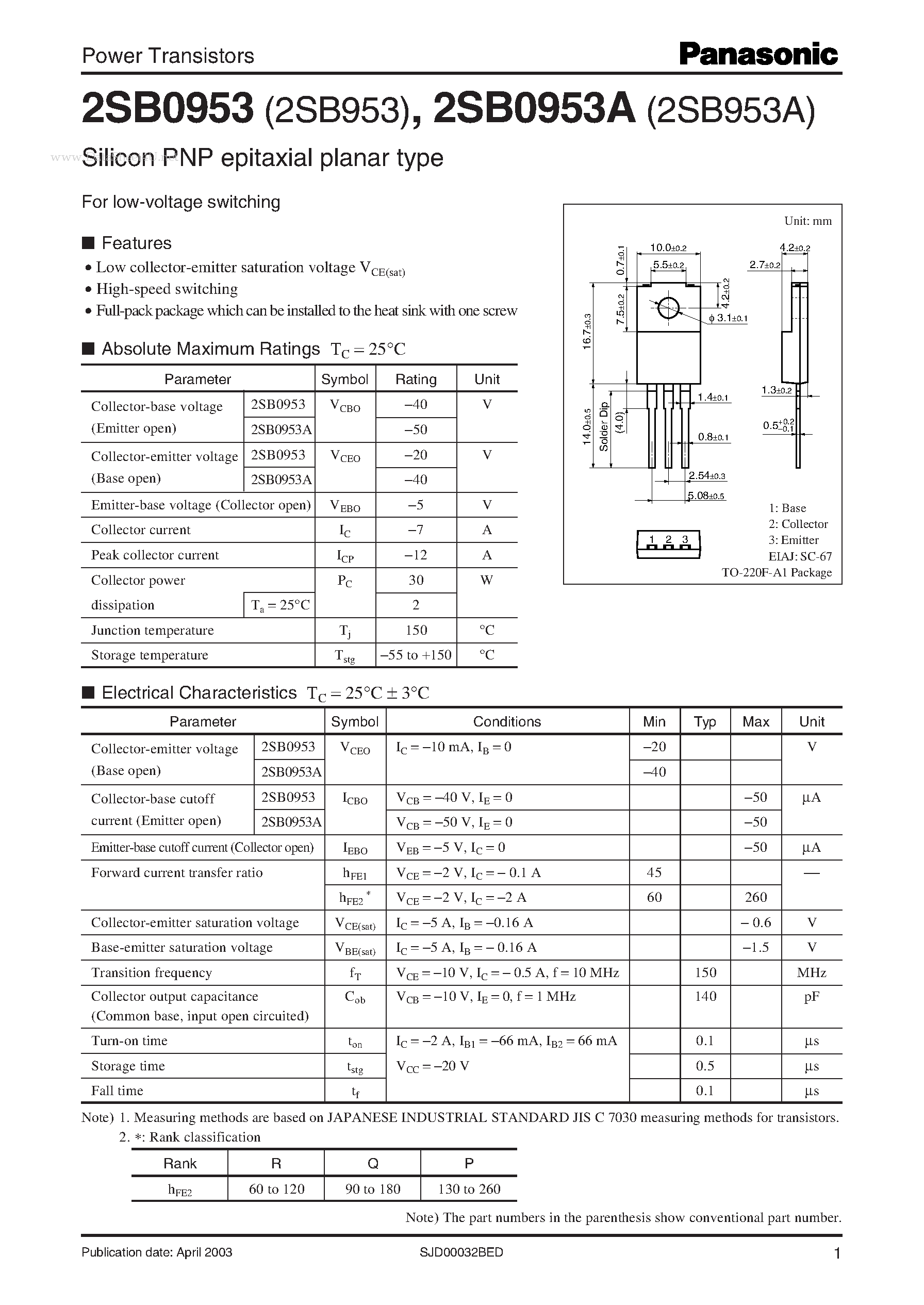 Даташит 2SB0953 - Power Transistors страница 1