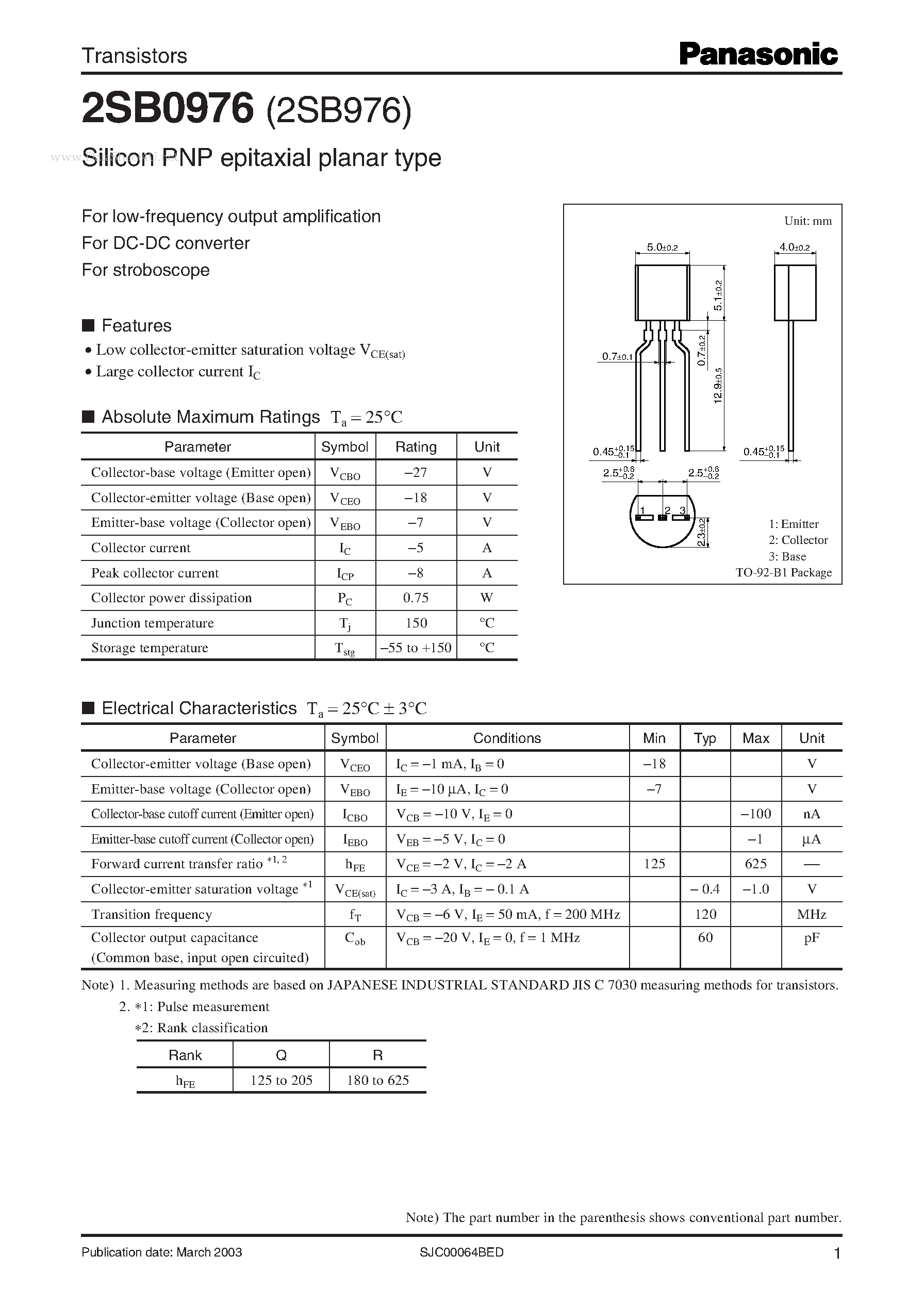 Даташит 2SB0976 - Power Transistors страница 1