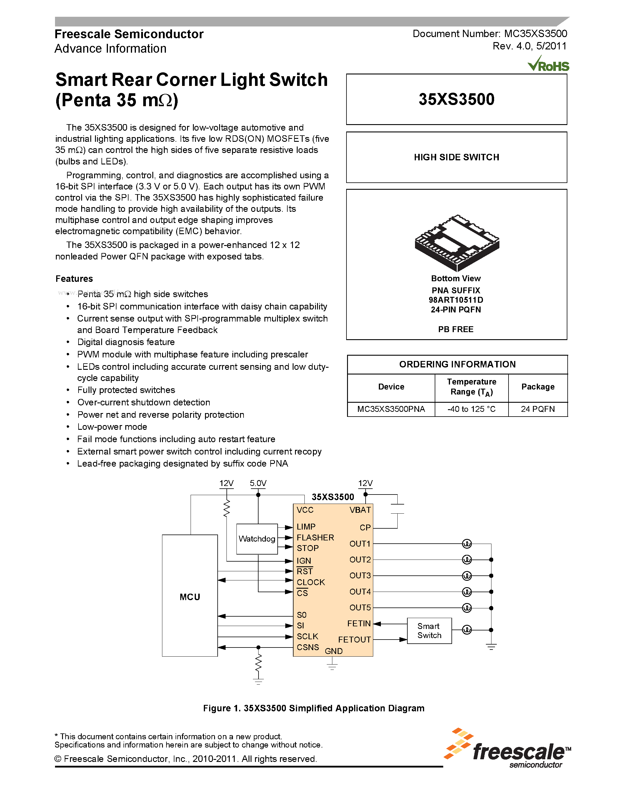 Даташит на микросхему 35XS3500 страница 1 Даташит 35XS3500 - Smart Rear Corner Light Switch страница 1