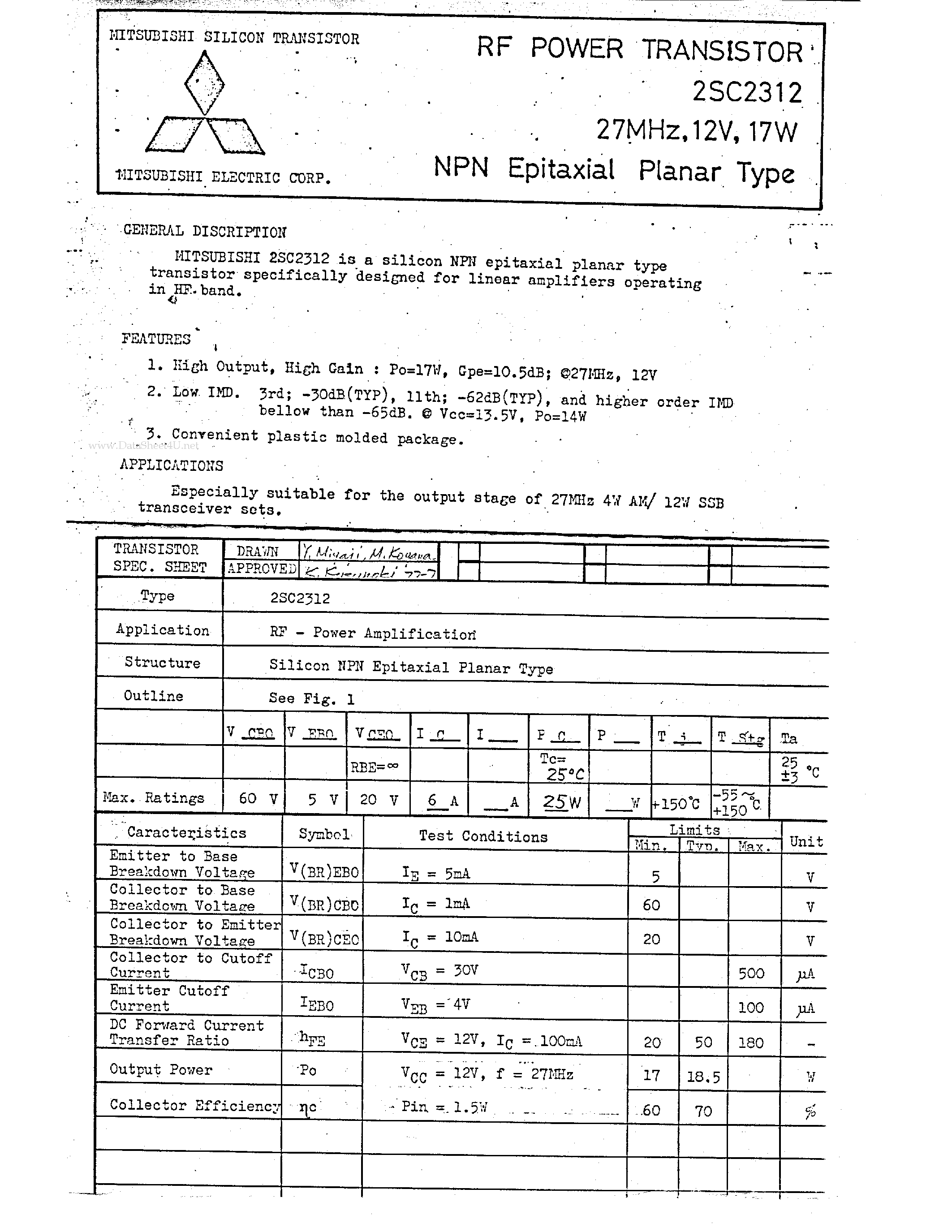 Datasheet 2SC2312 - RF POWER TRANSISTOR page 1