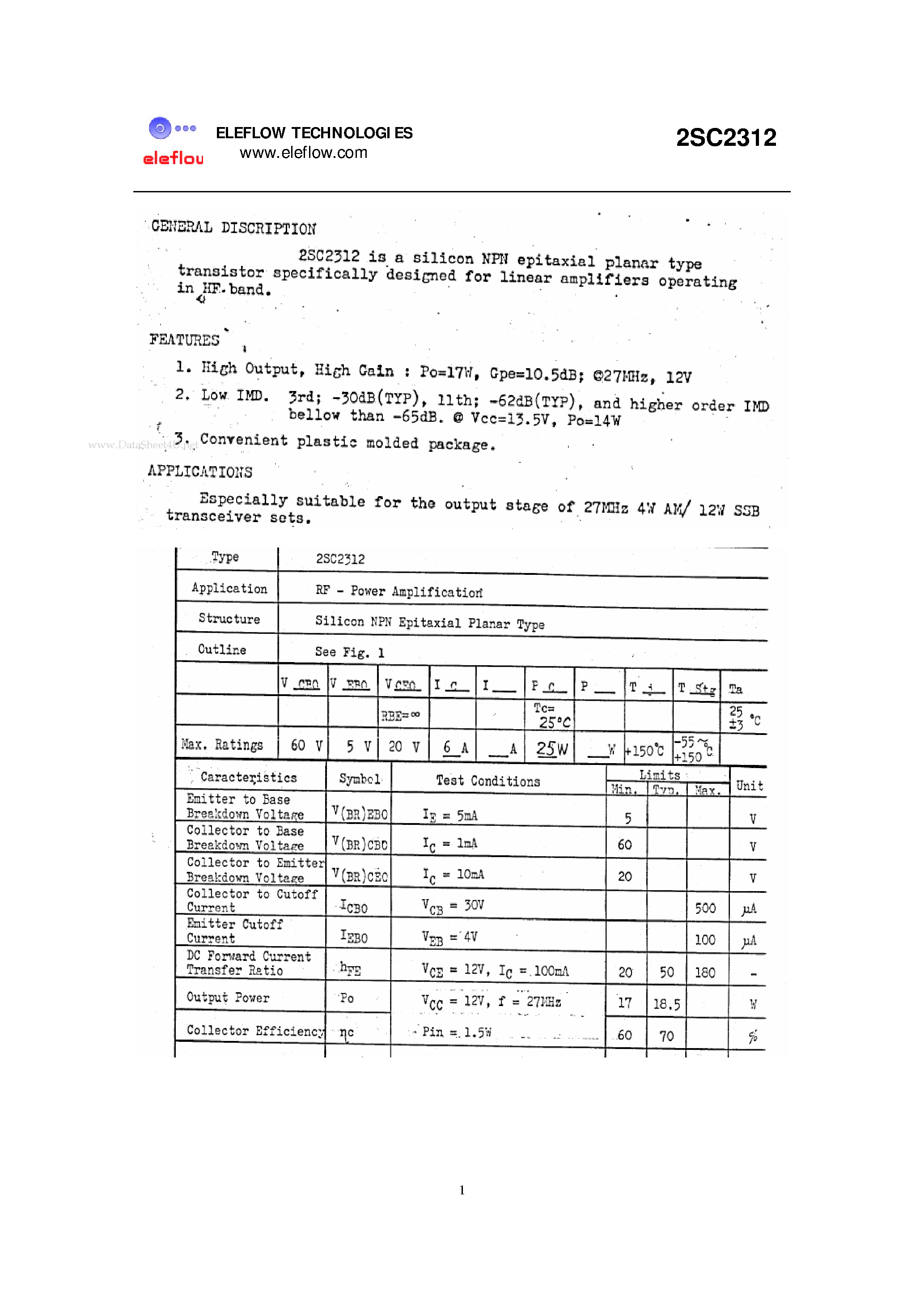 Datasheet 2SC2312 - Silicon NPN Transistor page 1
