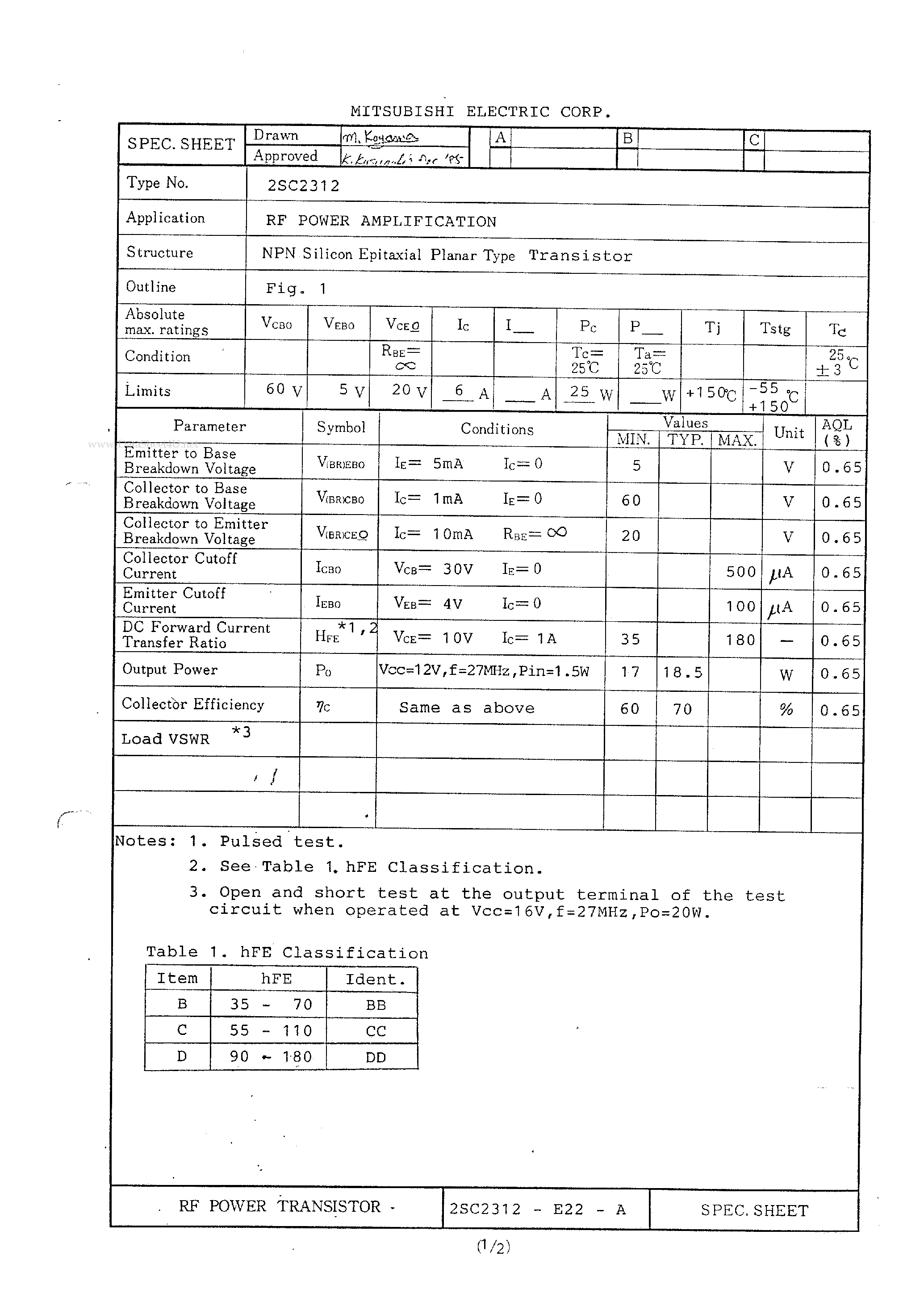 Datasheet 2SC2312 - RF POWER TRANSISTOR Spec sheet page 1