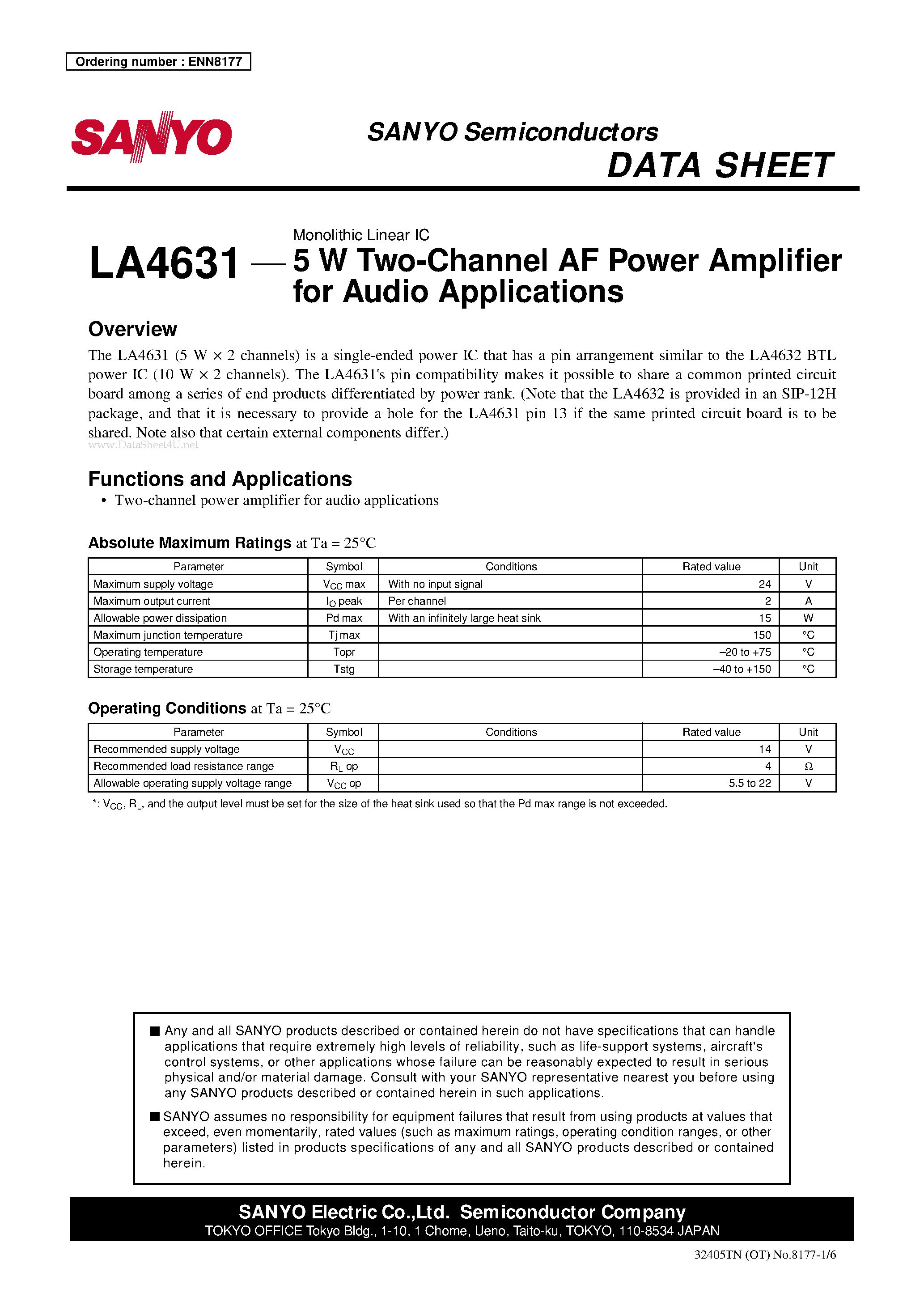 Datasheet LA4631 page 1 Datasheet LA4631 - 5 W Two-Channel AF Power Amplifier page 1