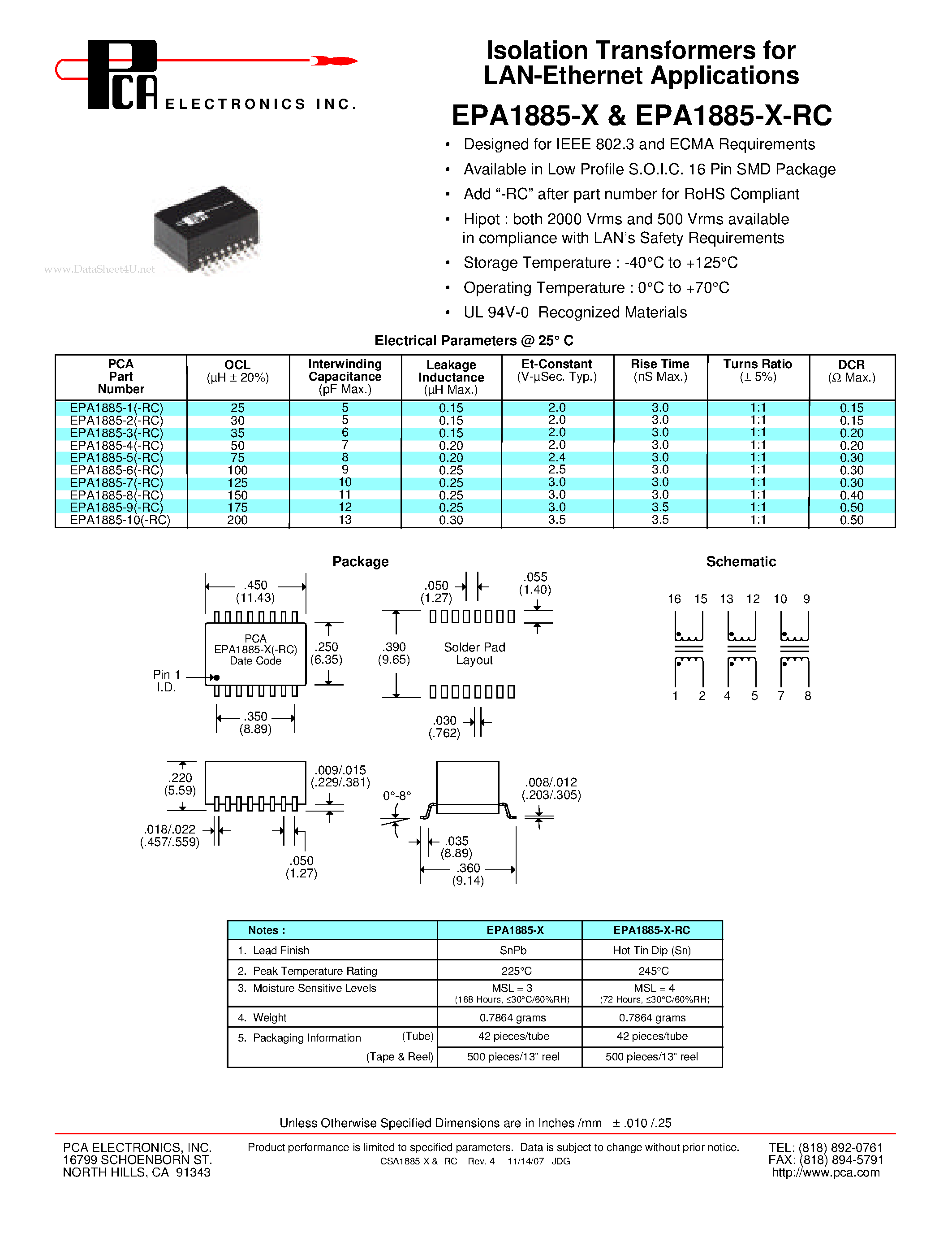 Datasheet EPA1885-X page 1 Datasheet EPA1885-X - Isolation Transformers page 1