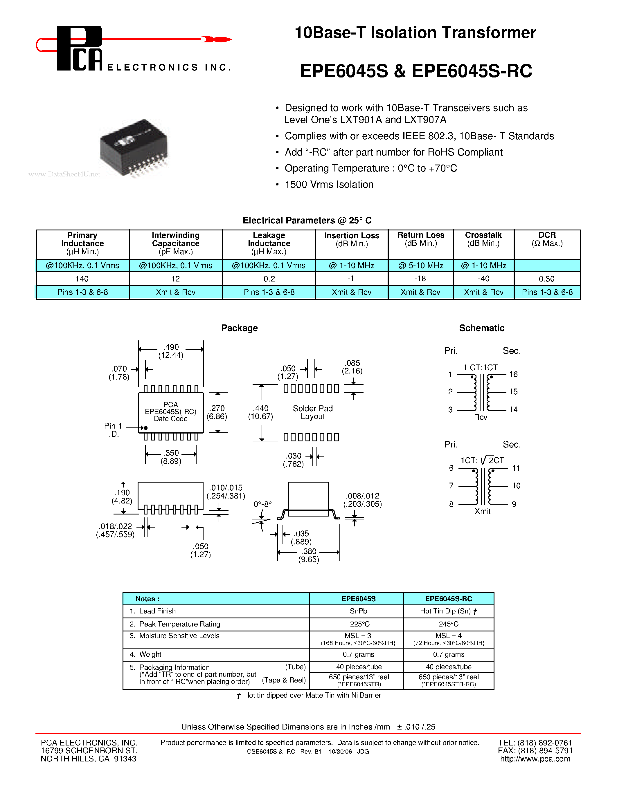 Даташит EPE6045S - 10Base-T Isolation Transformer страница 1
