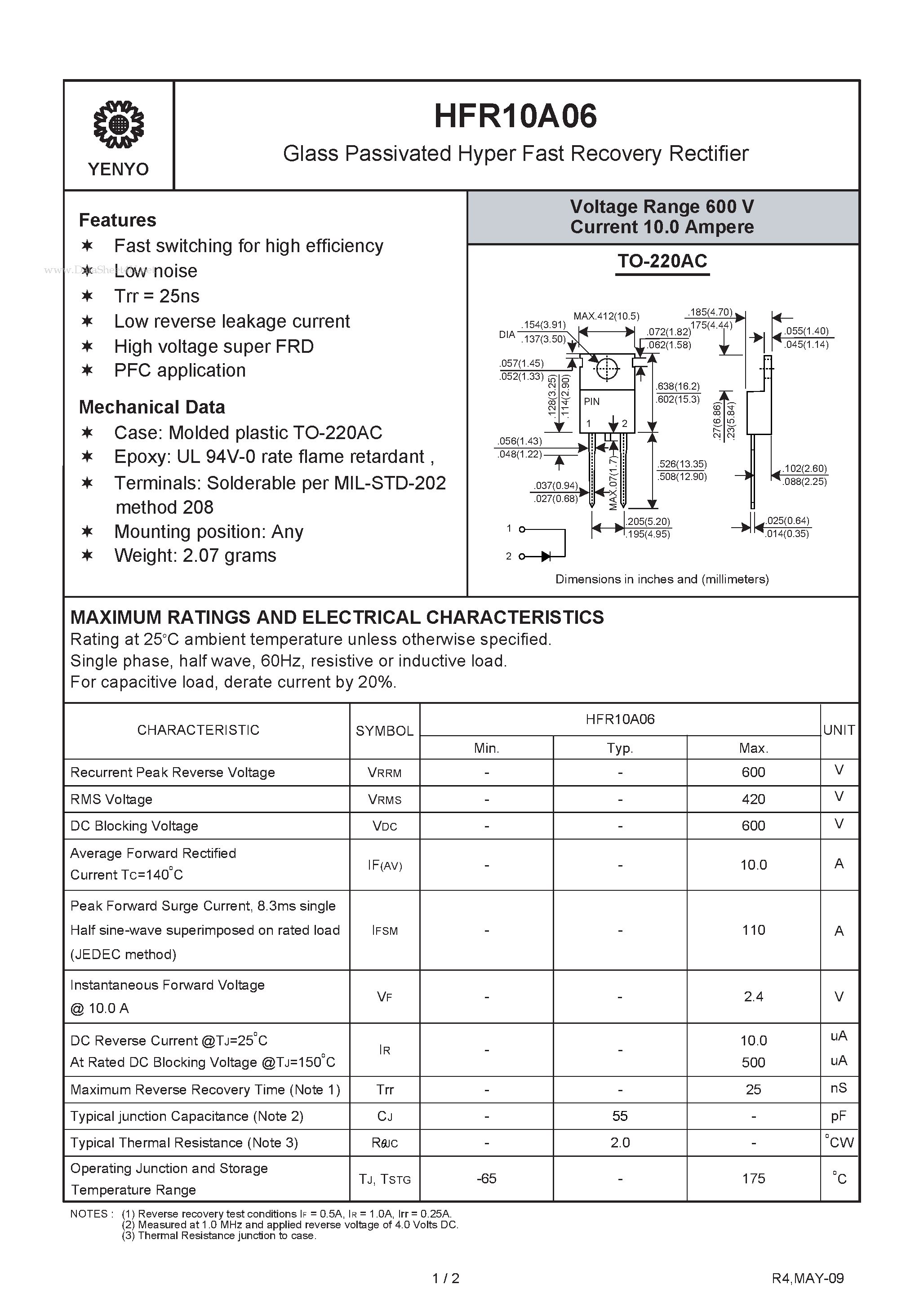Datasheet HFR10A06 page 1 Datasheet HFR10A06 - Glass Passivated HyperFast Recovery Rectifier page 1