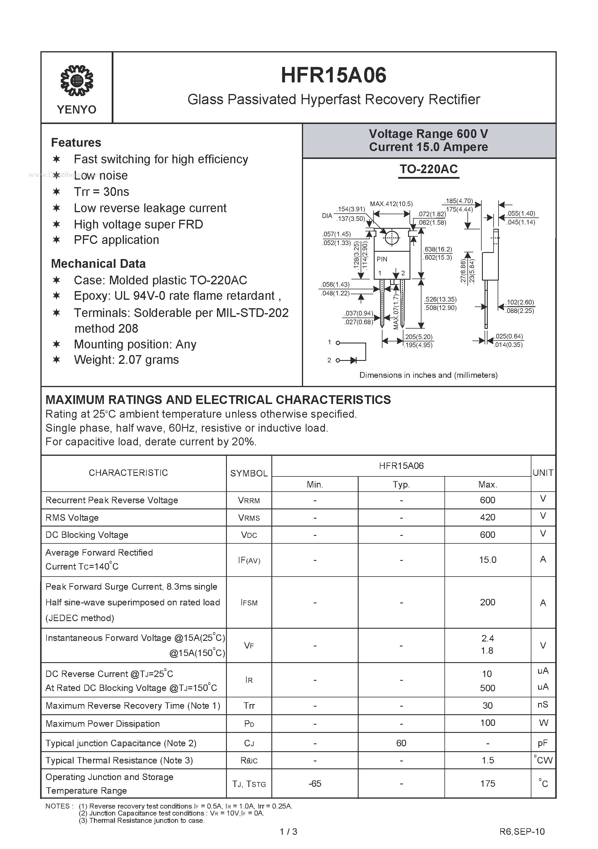 Datasheet HFR15A06 page 1 Datasheet HFR15A06 - Glass Passivated HyperFast Recovery Rectifier page 1