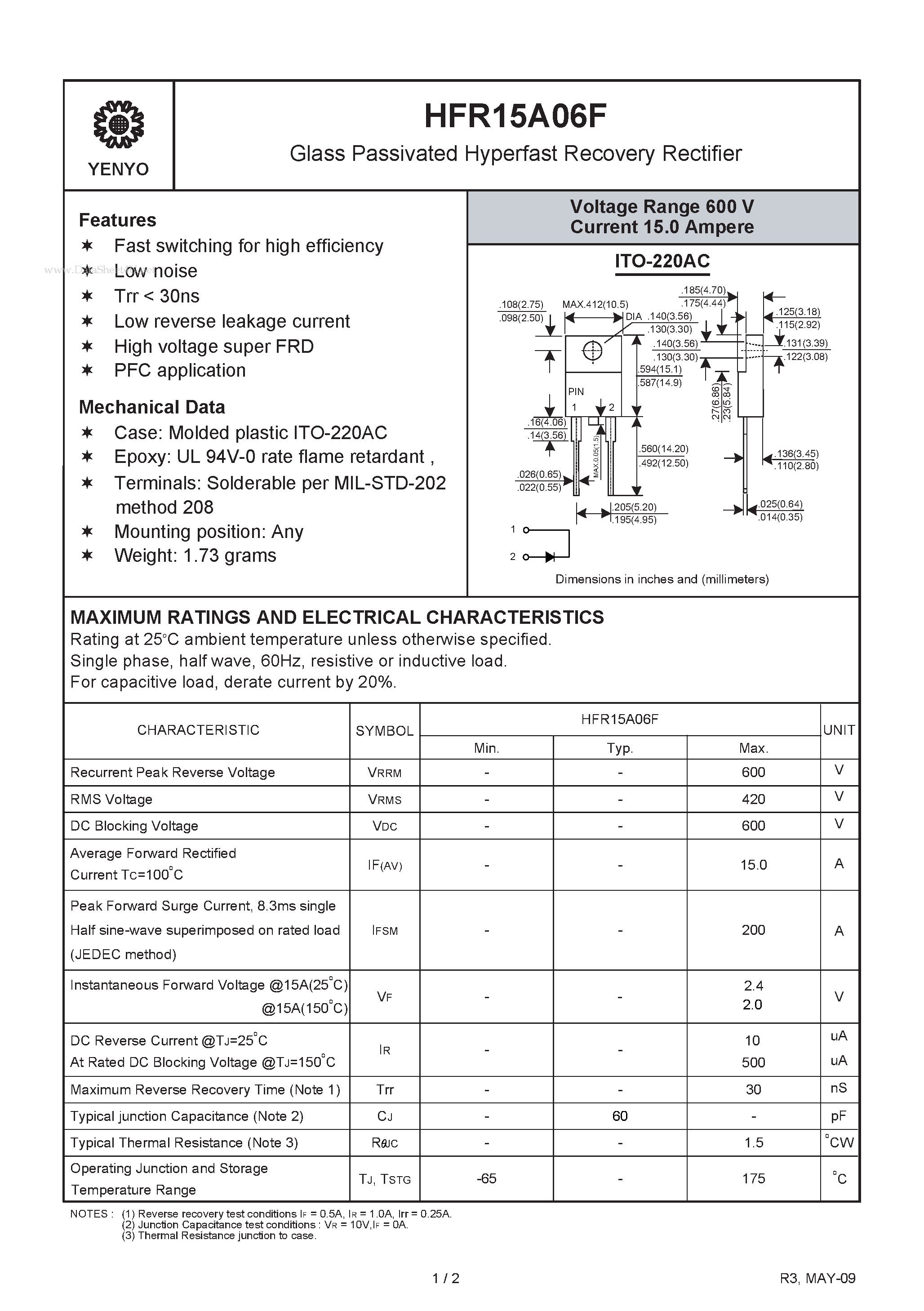 Datasheet HFR15A06F page 1 Datasheet HFR15A06F - Glass Passivated HyperFast Recovery Rectifier page 1
