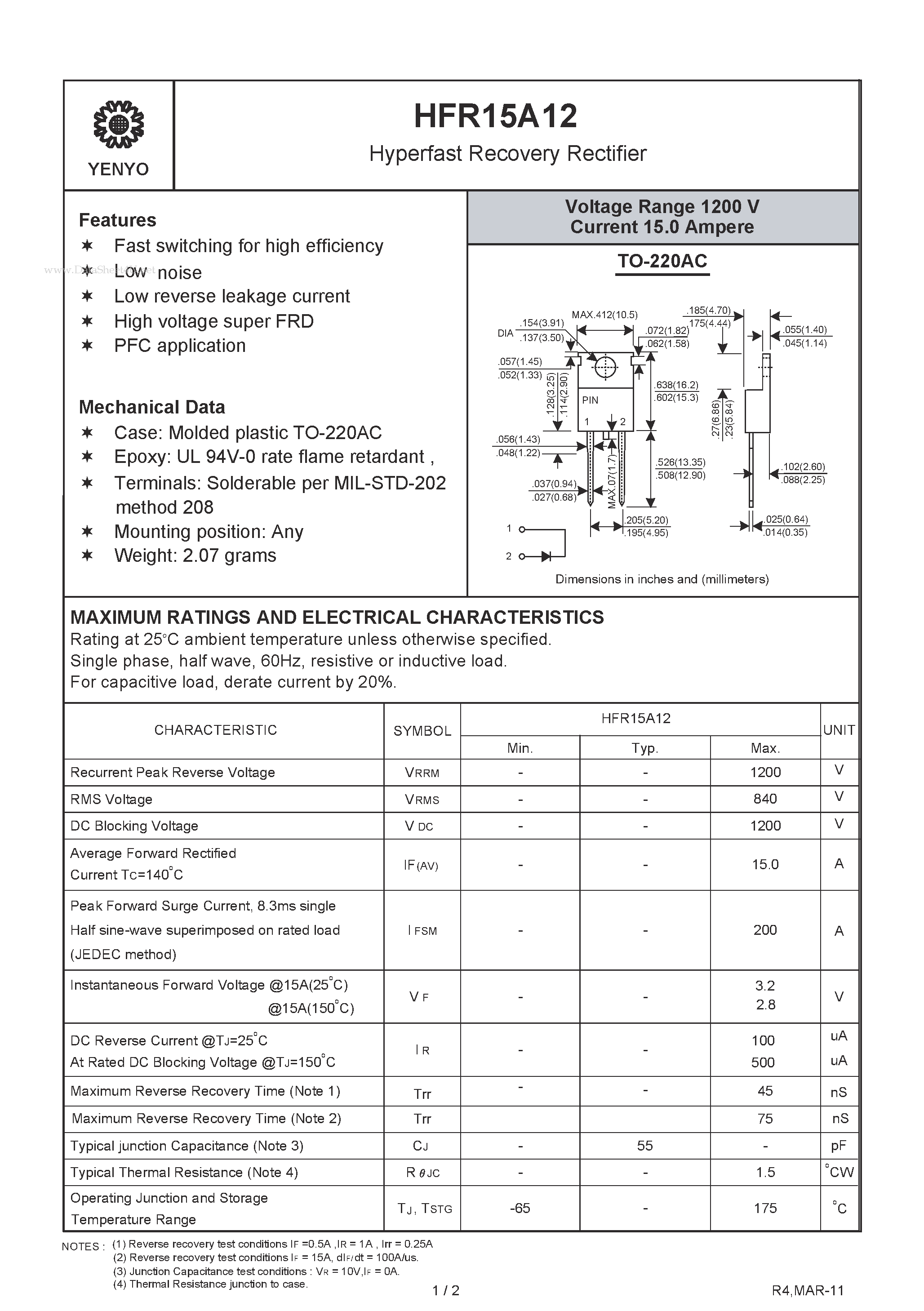 Datasheet HFR15A12 page 1 Datasheet HFR15A12 - Hyperfast Recovery Rectifier page 1