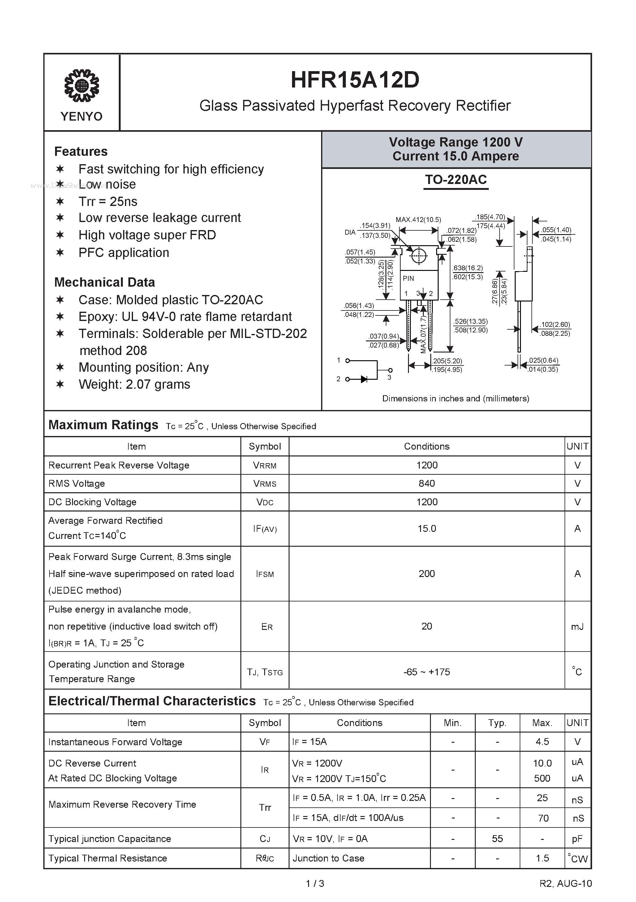 Datasheet HFR15A12D page 1 Datasheet HFR15A12D - Glass Passivated Hyperfast Recovery Rectifier page 1