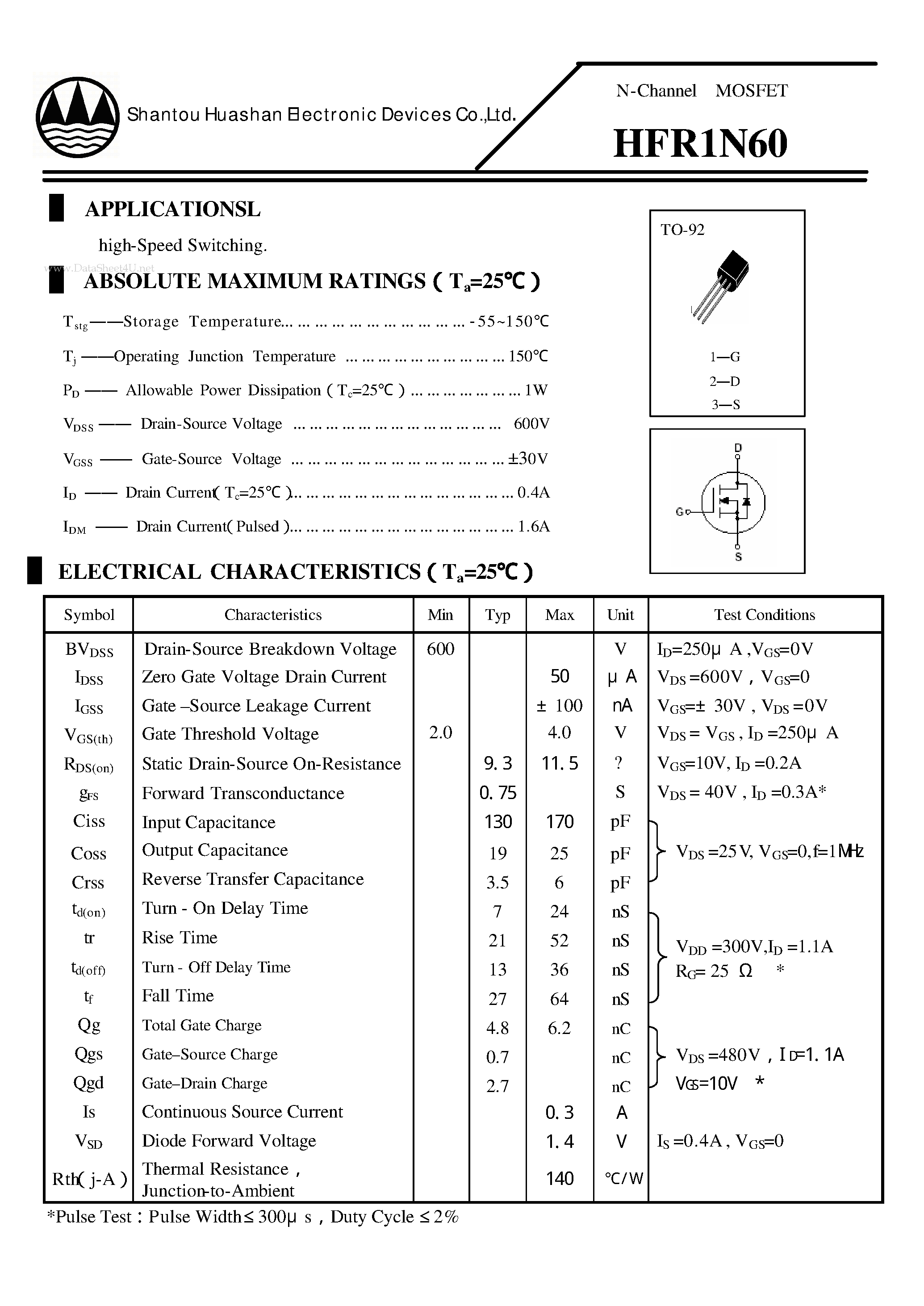 Datasheet HFR1N60 page 1 Datasheet HFR1N60 - N-Channel MOSFET page 1