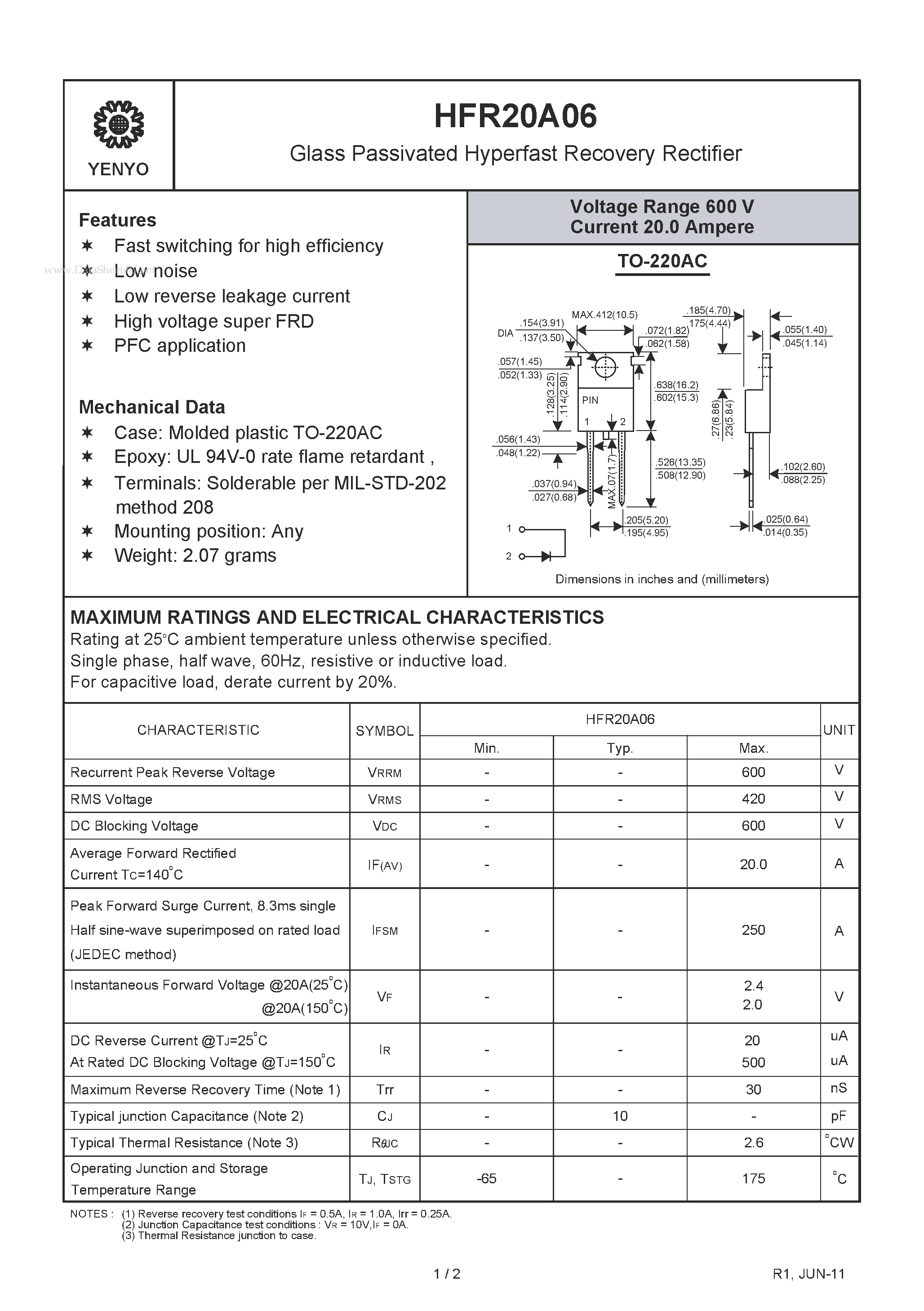 Datasheet HFR20A06 page 1 Datasheet HFR20A06 - Glass Passivated Hyperfast Recovery Rectifier page 1
